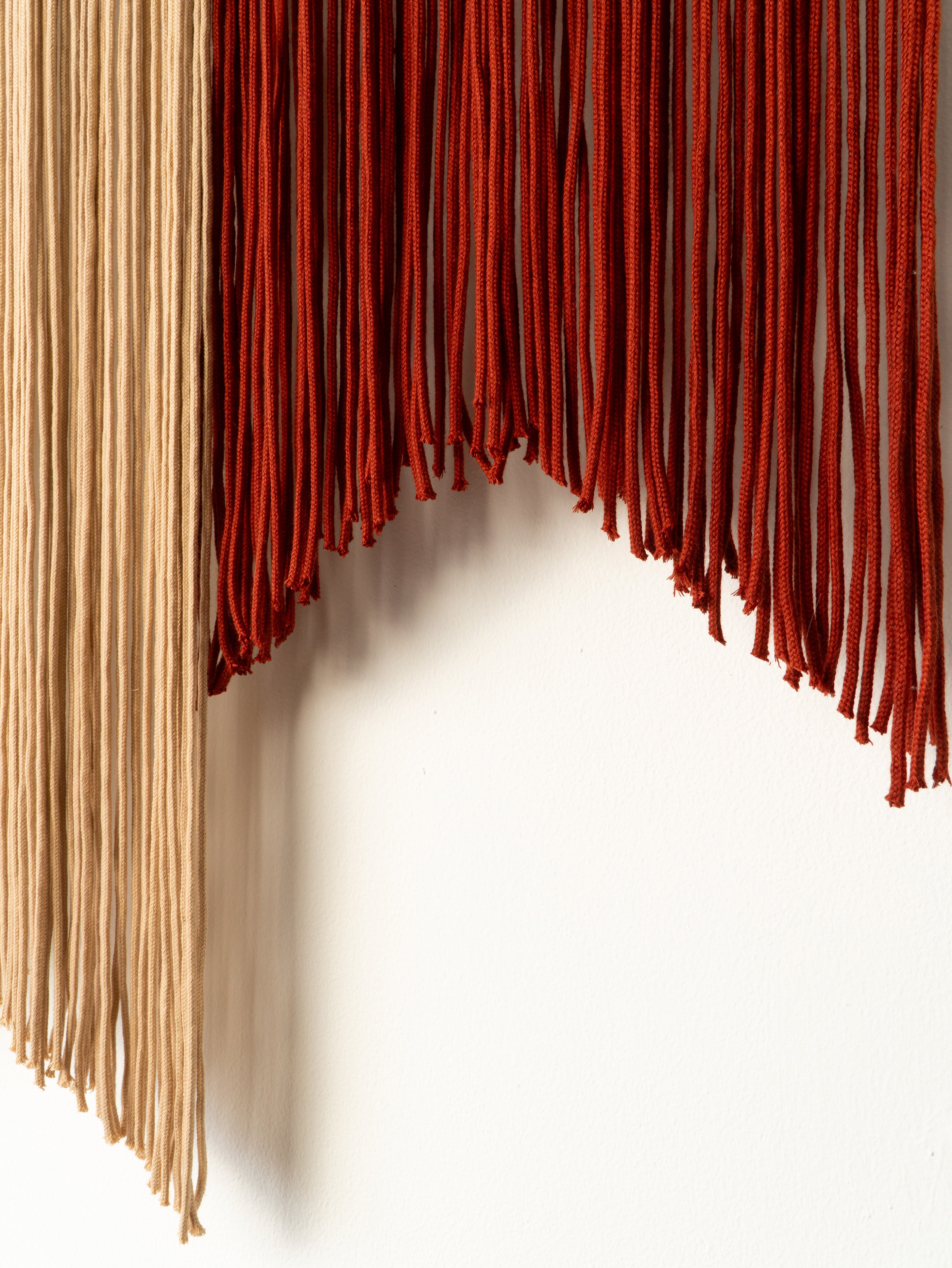 Close-up of red and beige fringe textures on a white background