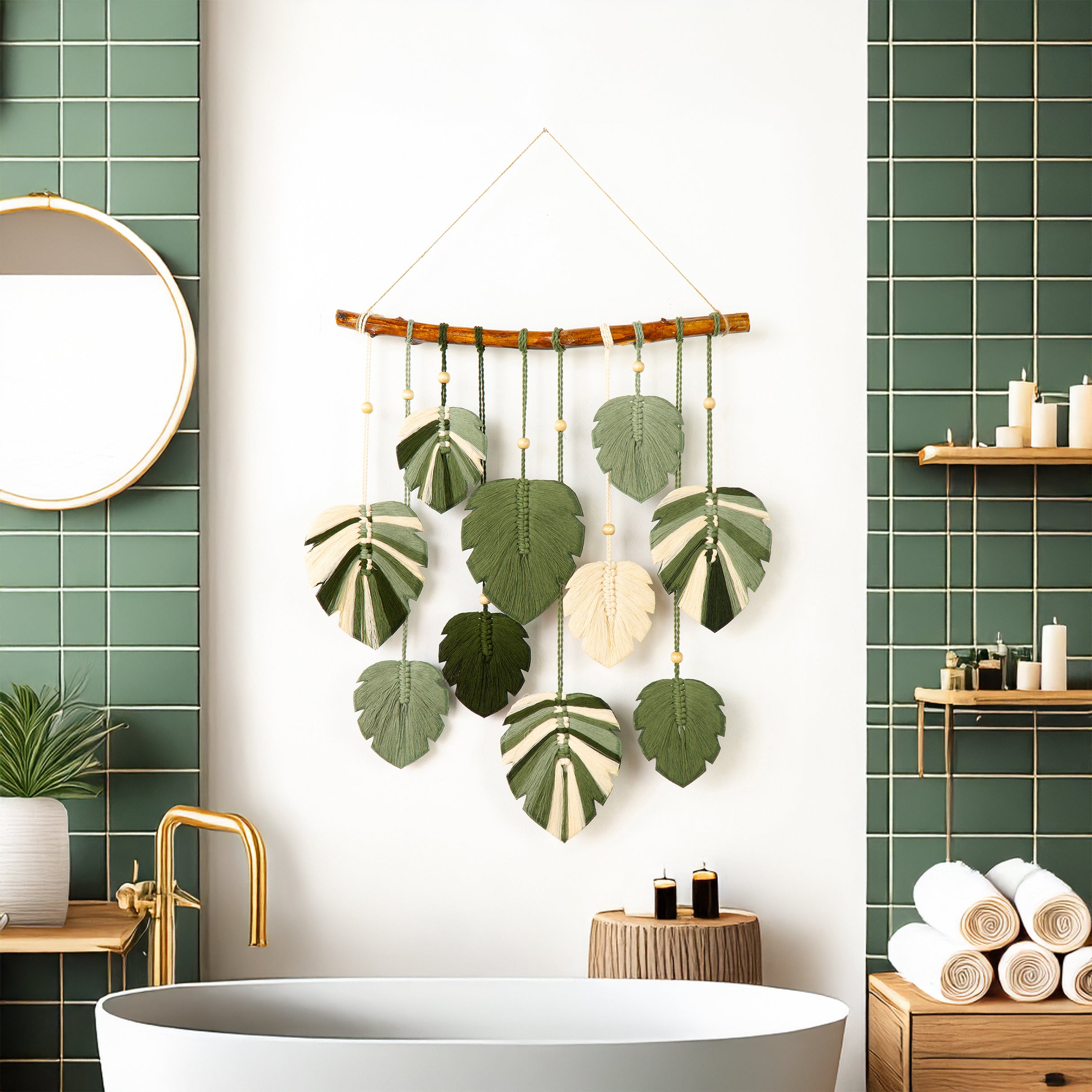 Living room with a bookshelf, chair, and decorative wall hanging.