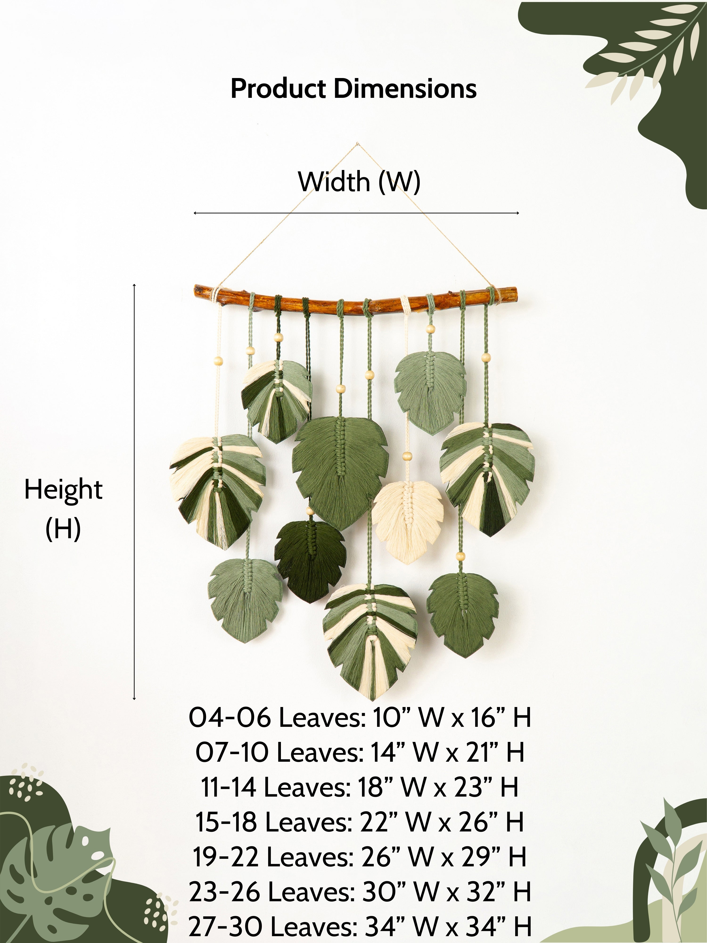 Decorative wall hanging with leaf patterns and product dimensions on a white background