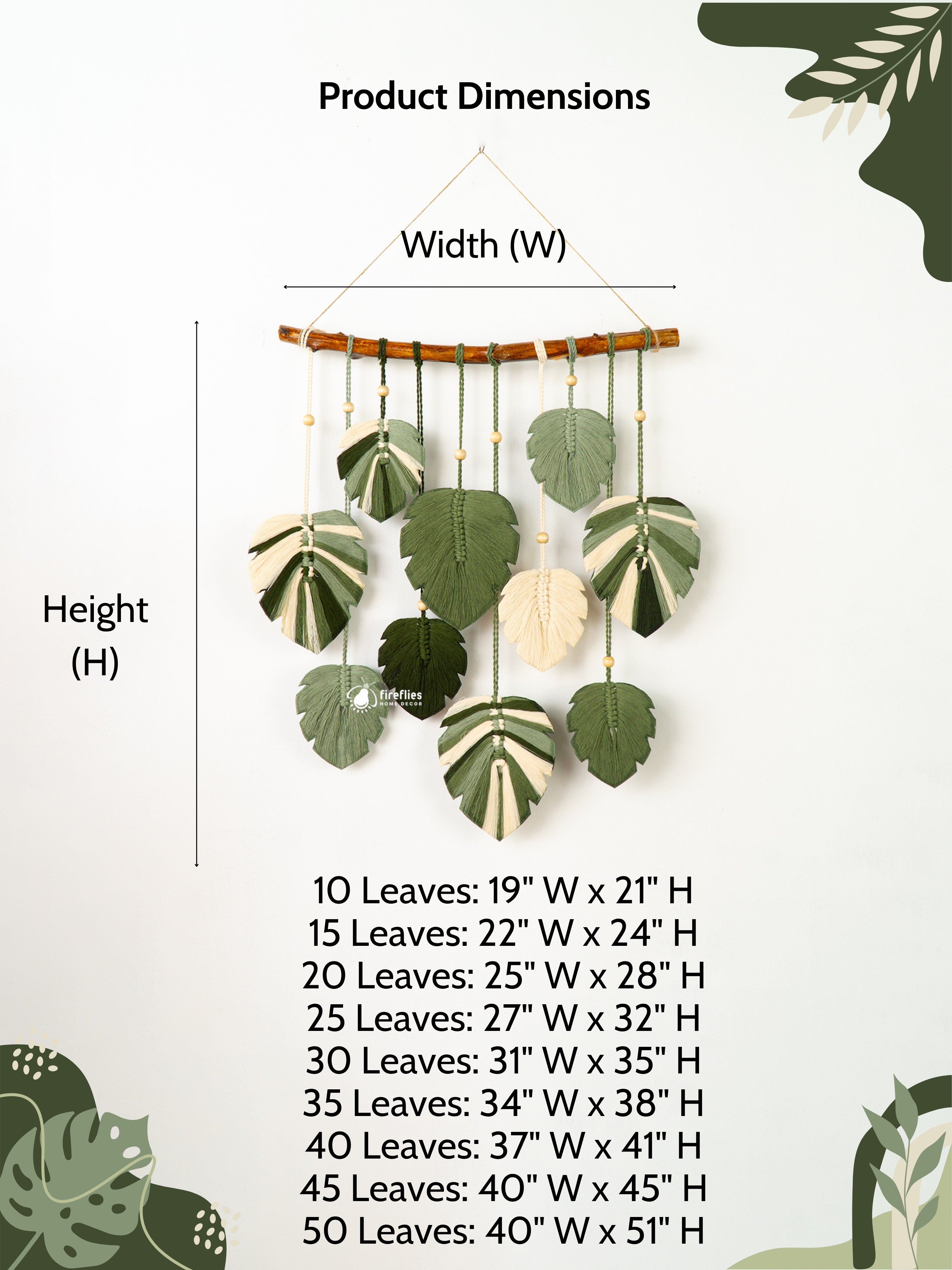 Leaf wall hanging with measurement chart on a light green background