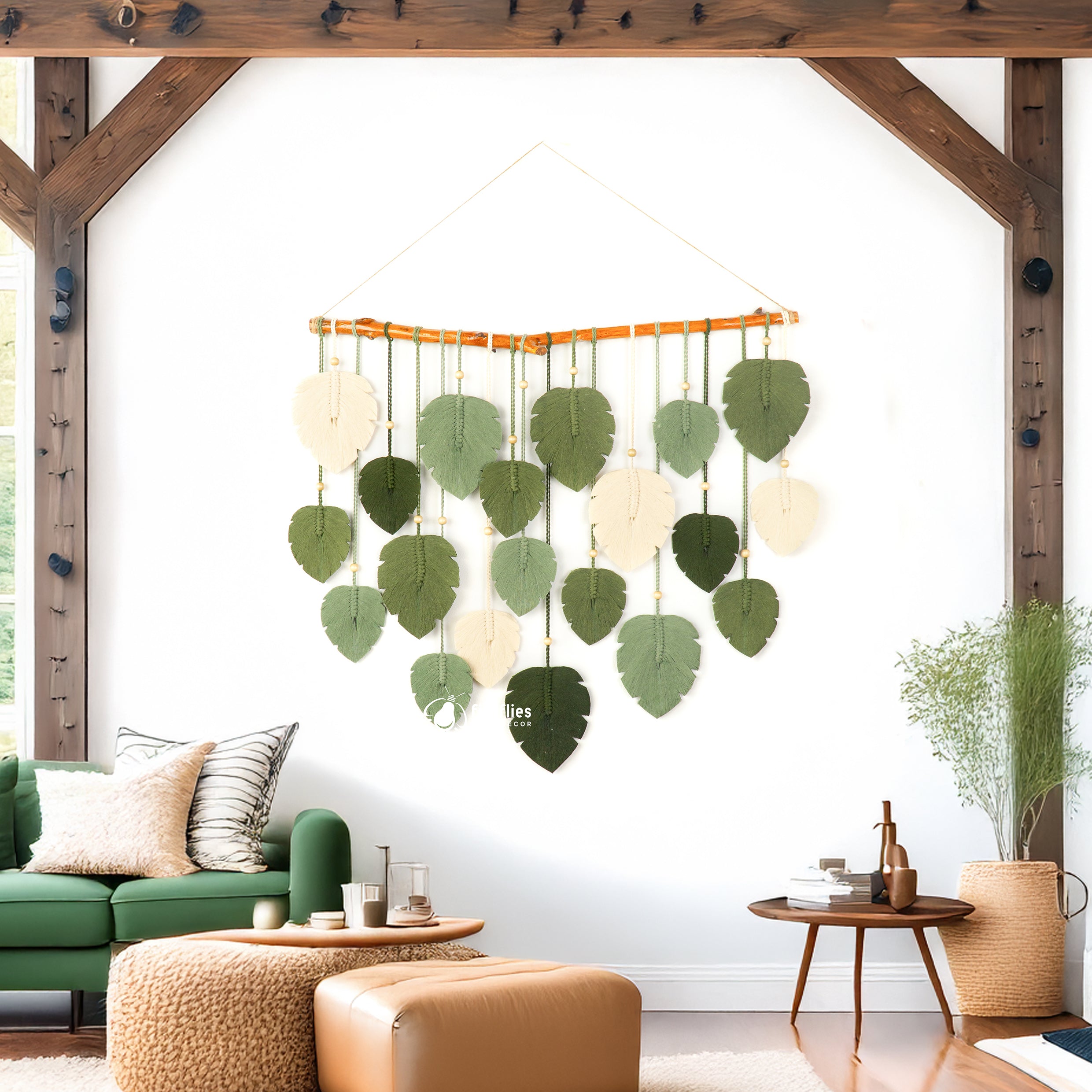 Decorative wall hanging with leaf patterns in a living room setting.
