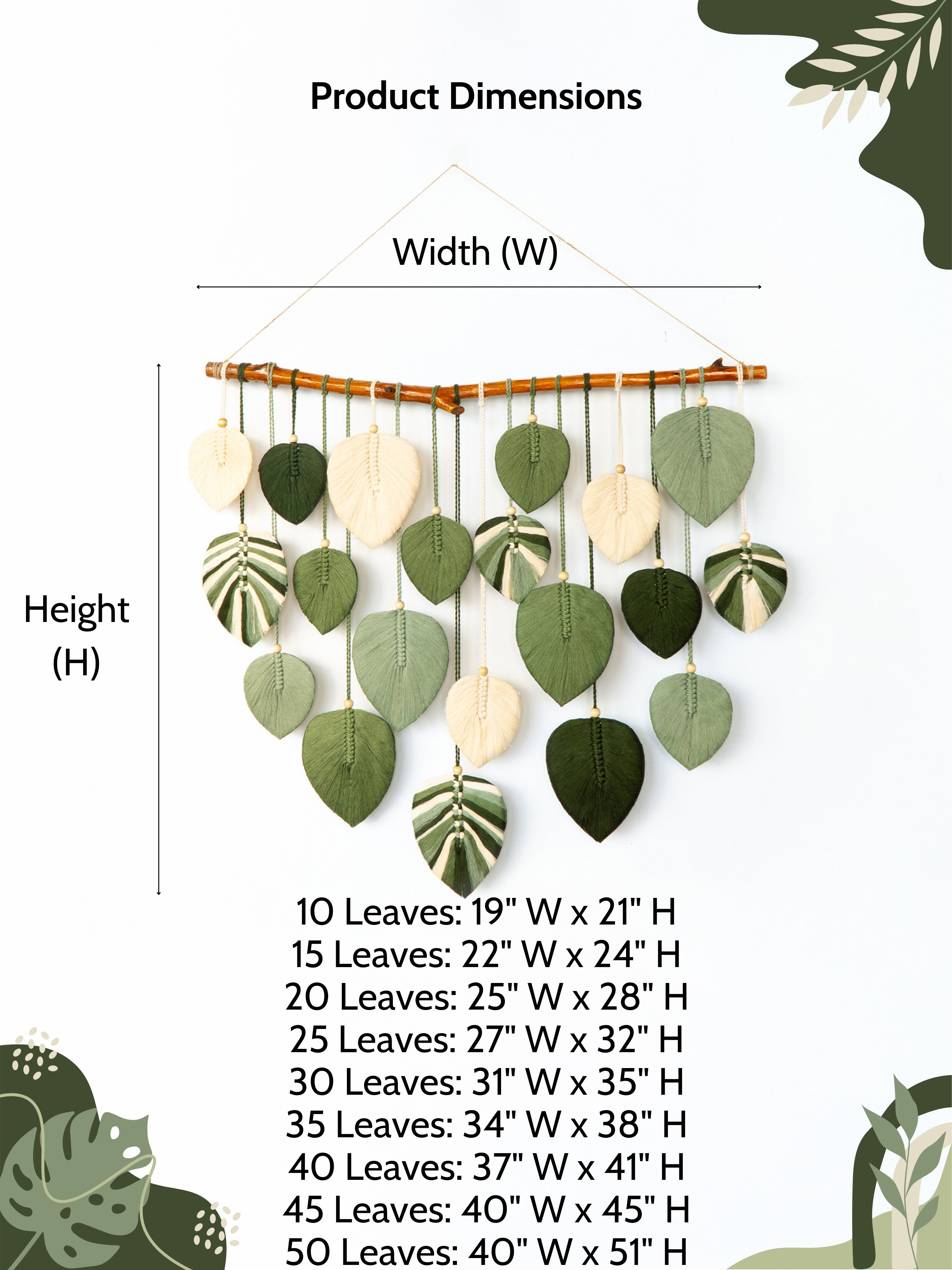 Decorative wall hanging with leaves and measurement chart on a white background