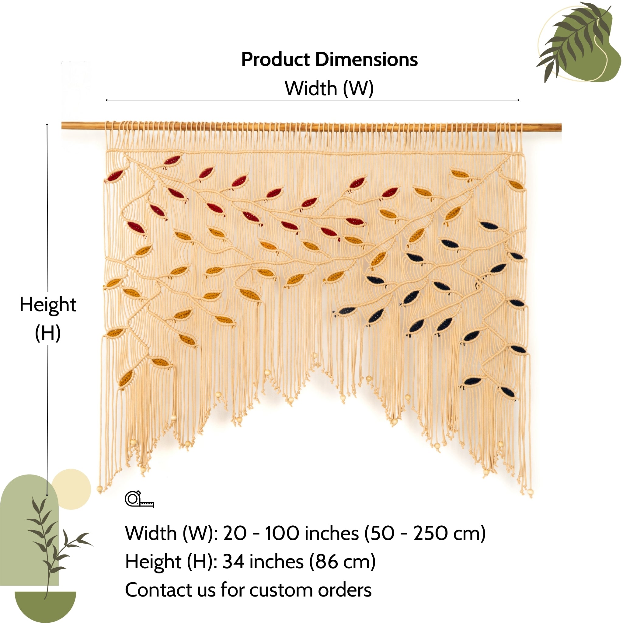 Macrame wall hanging with dimensions displayed on a white background