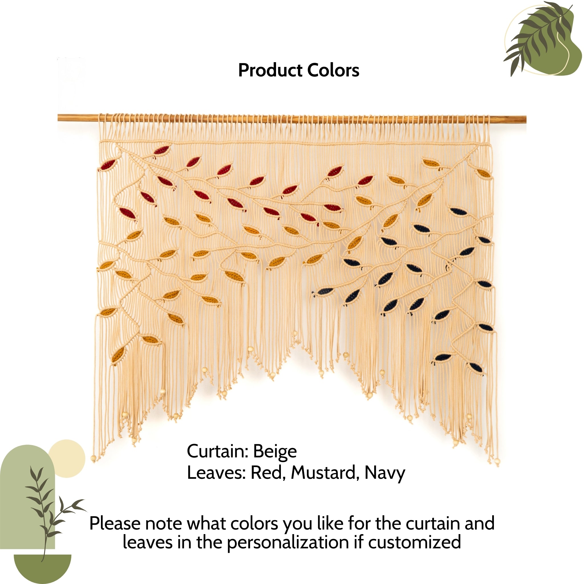 Beige curtain with red, mustard, and navy leaves on a white background