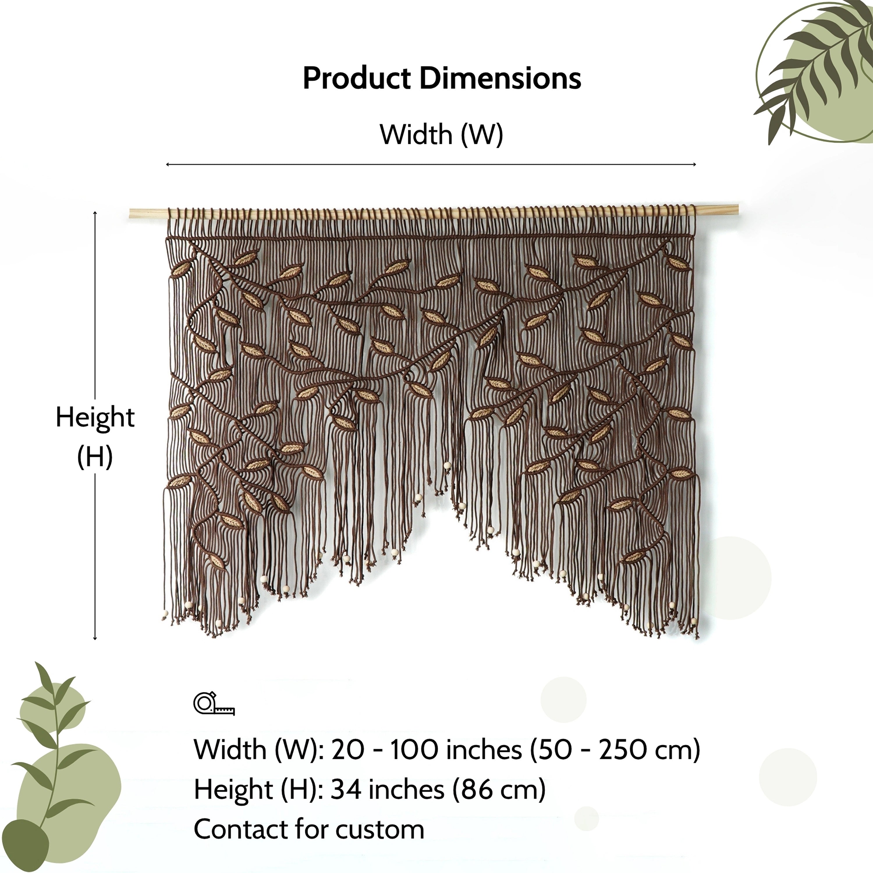 Dark brown cotton macrame wall hanging featuring decorative wood beads and light tan vine borders.