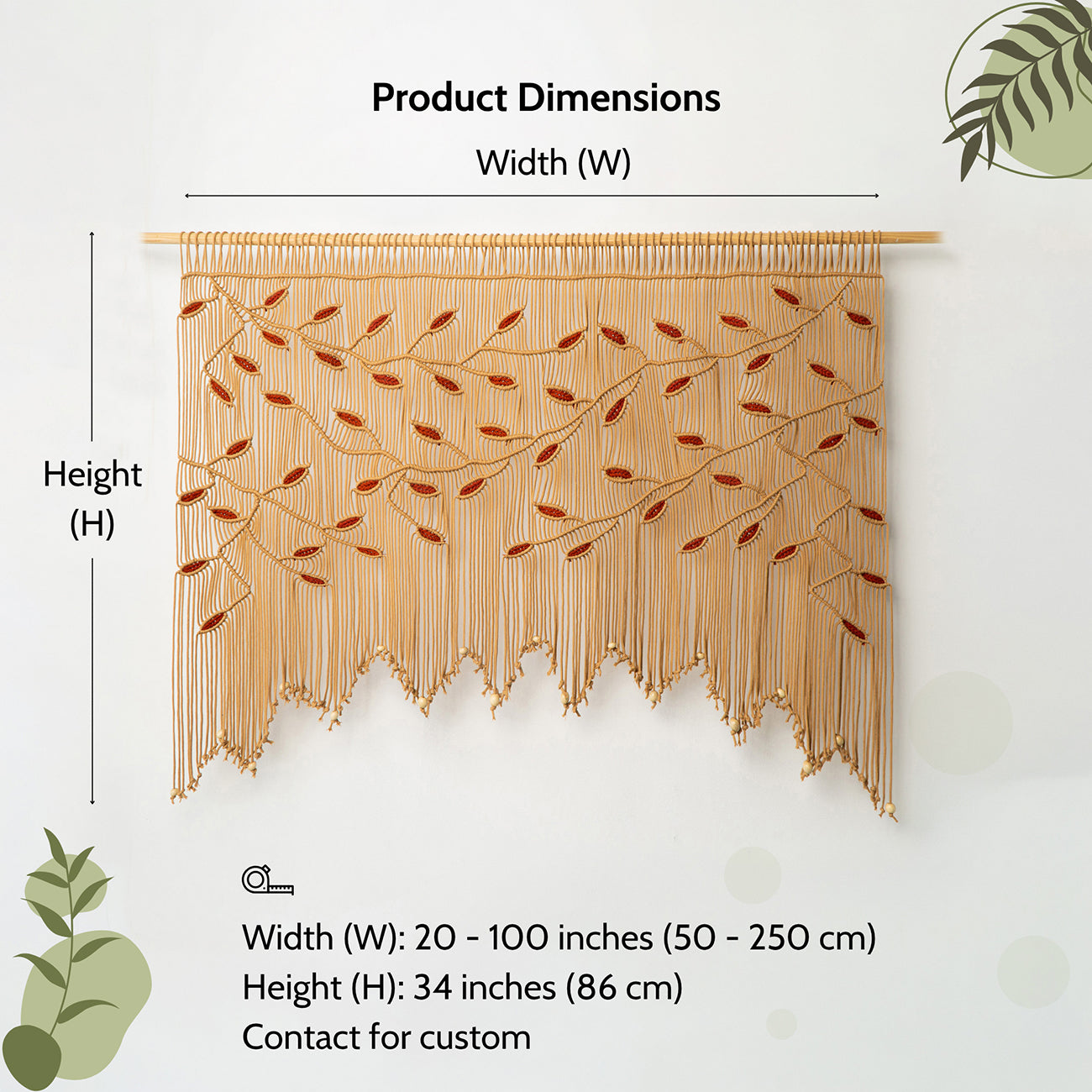 Sustainable cotton macrame valance in latte and orange designed for earthy interior styles.