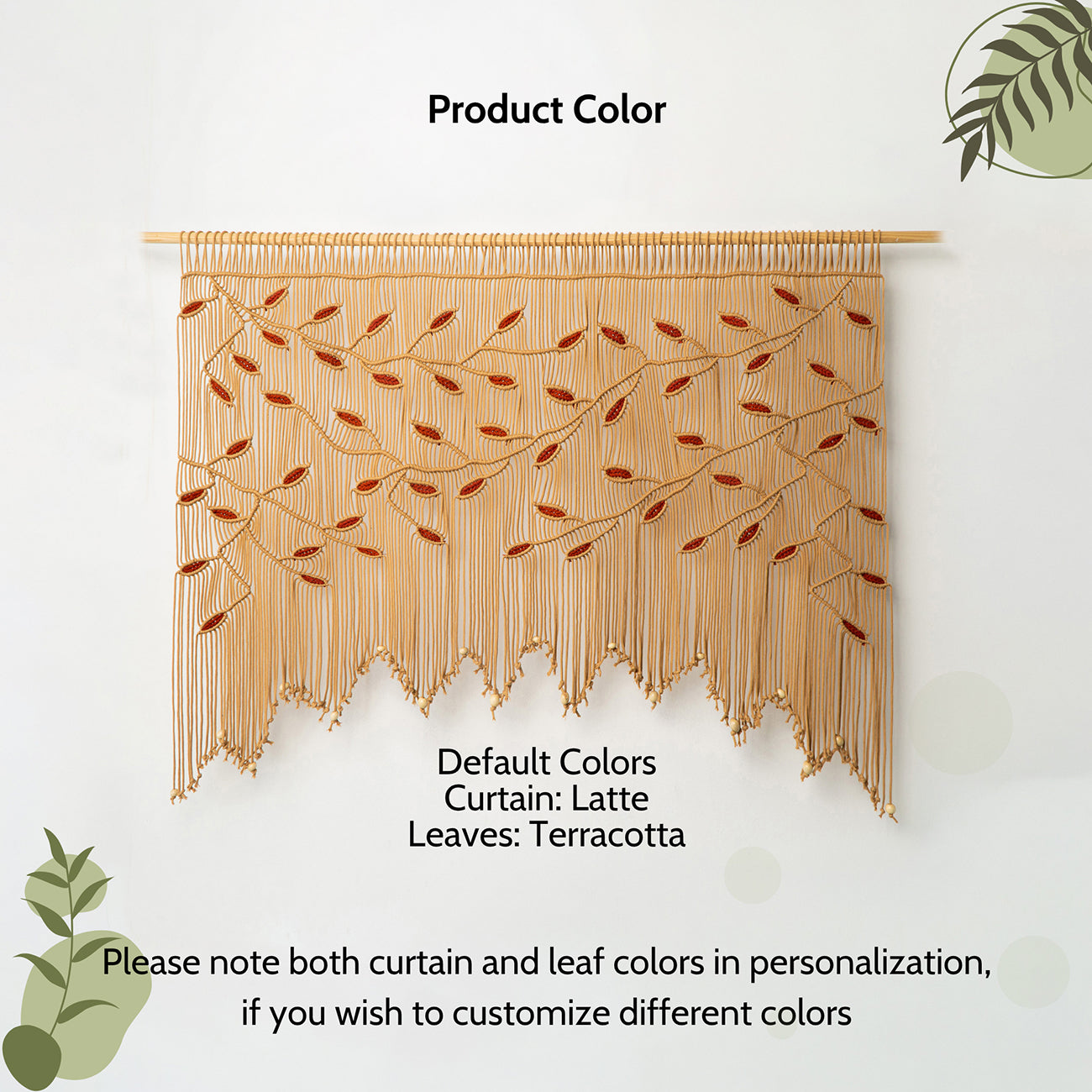 Wide latte macrame wall mural with detailed terracotta leaf knotwork shipped fast from Houston, Texas.