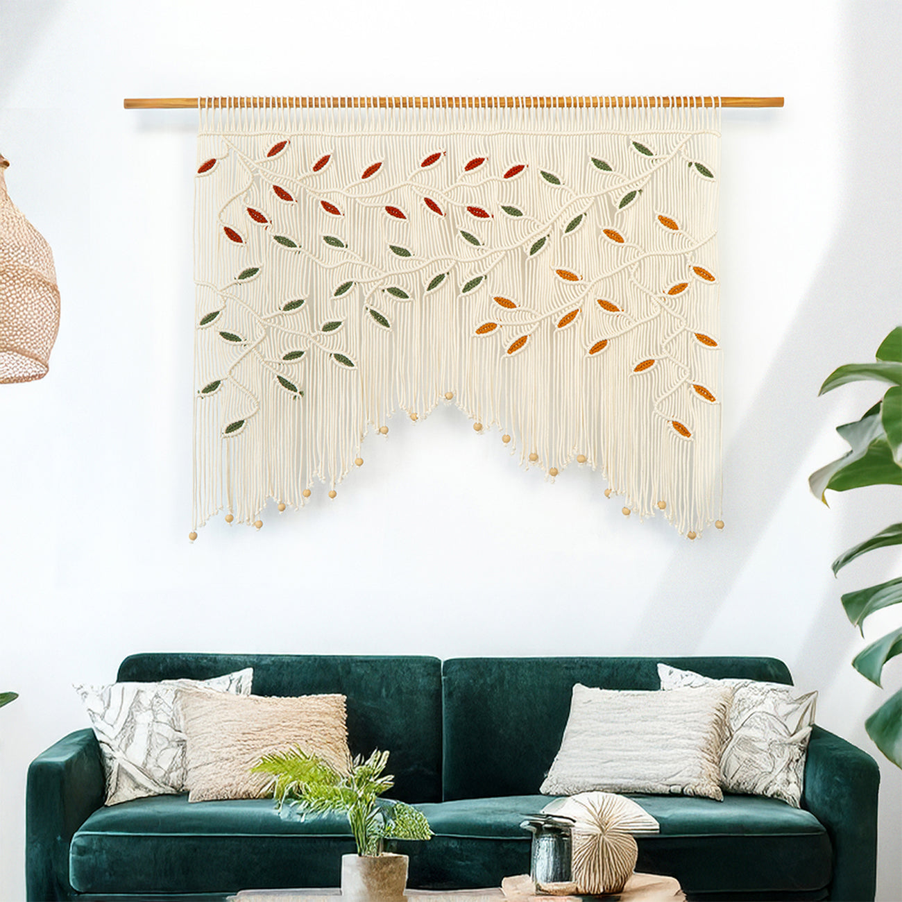 Nature-inspired natural macrame wall decor with colorful accents, ideal for a warm nursery or living room.