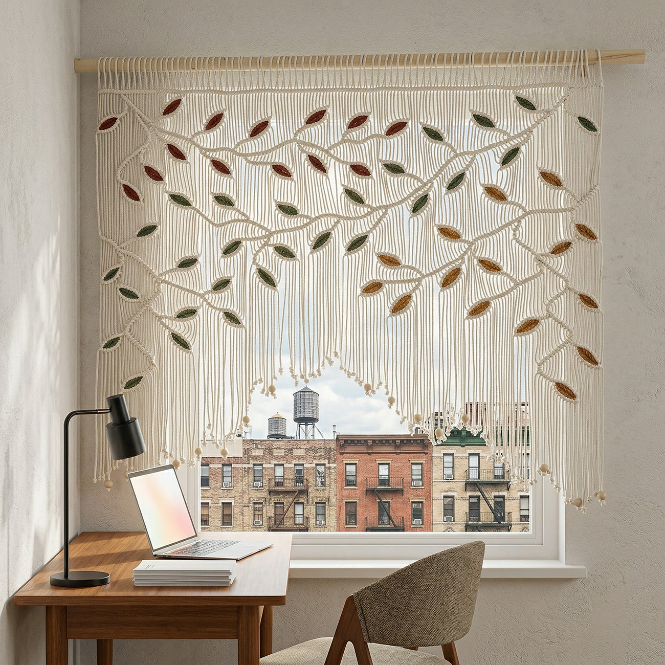 Textured fiber art in off-white, terracotta, and sage for desert modern or eclectic home decor.