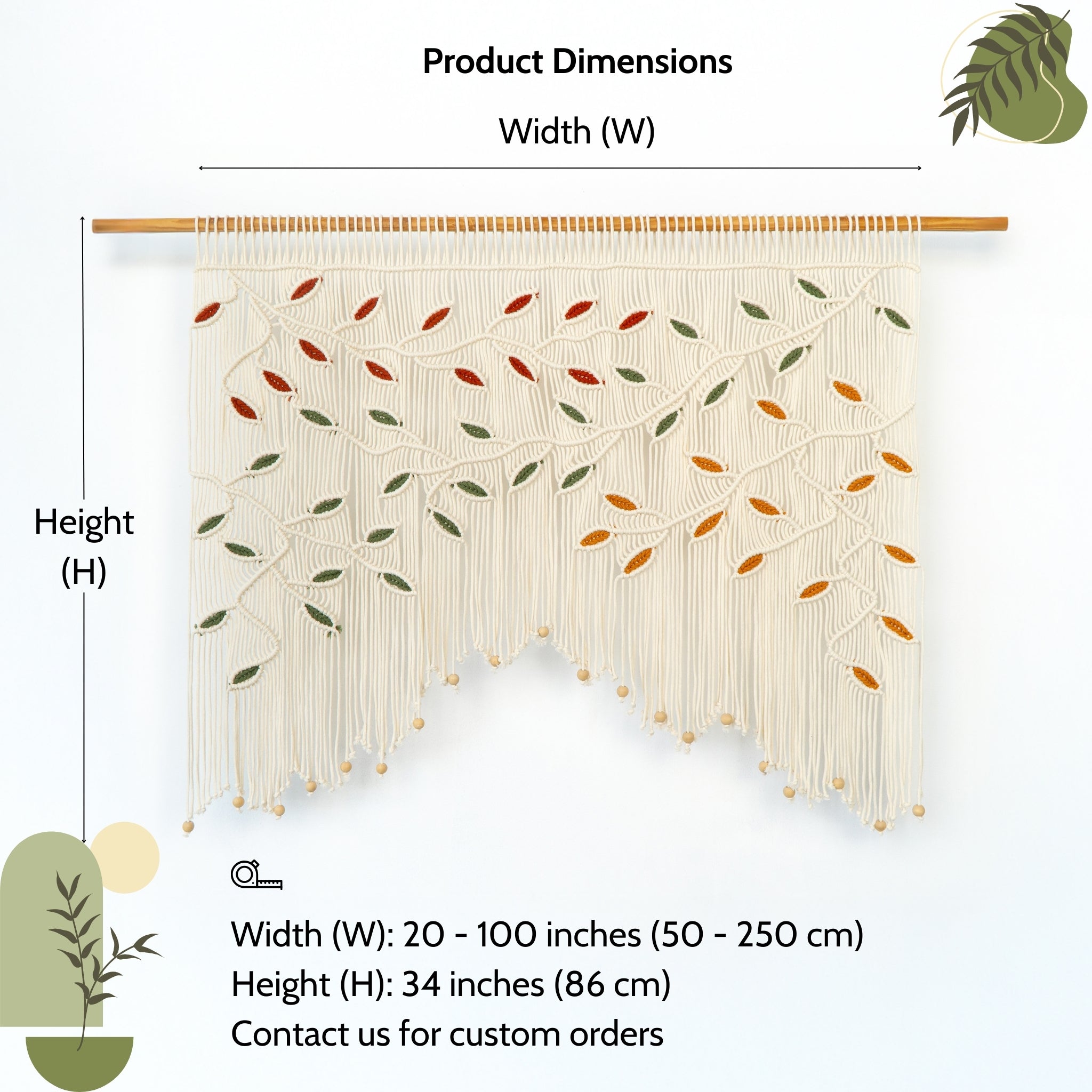 Macrame wall hanging with leaf pattern and product dimensions on a white background