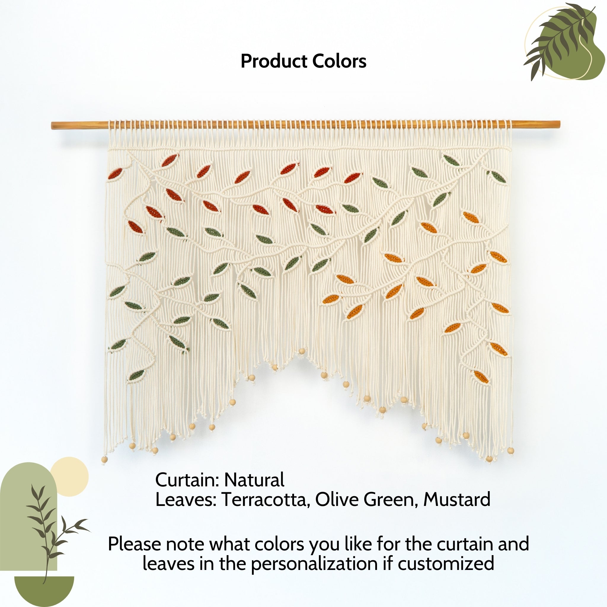 Textured curtain with leaf patterns in natural, terracotta, olive green, and mustard on a white background.