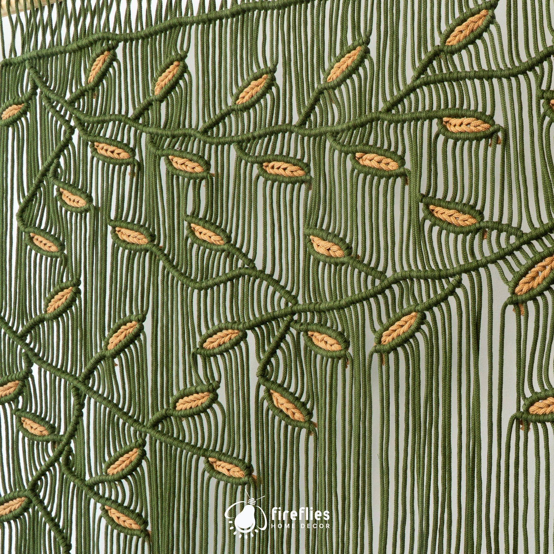 Deep olive green macrame window valance with intricate botanical vine details for boho home decor.