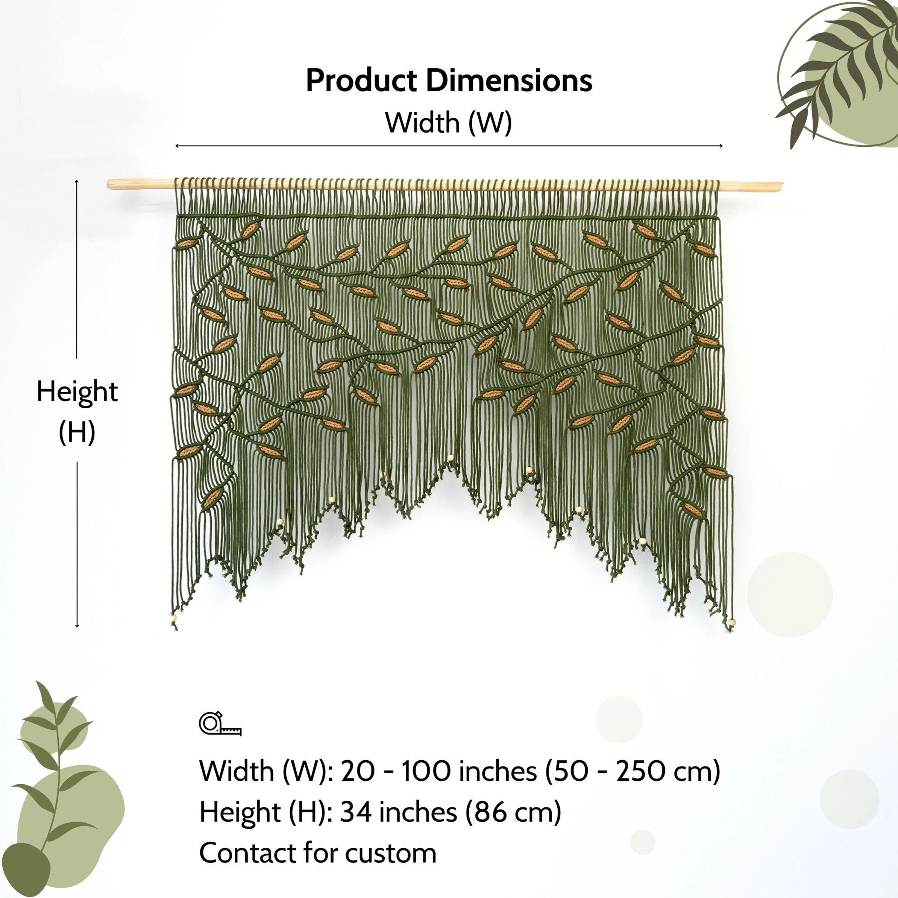 Deep olive green macrame window valance with intricate botanical vine details for boho home decor.