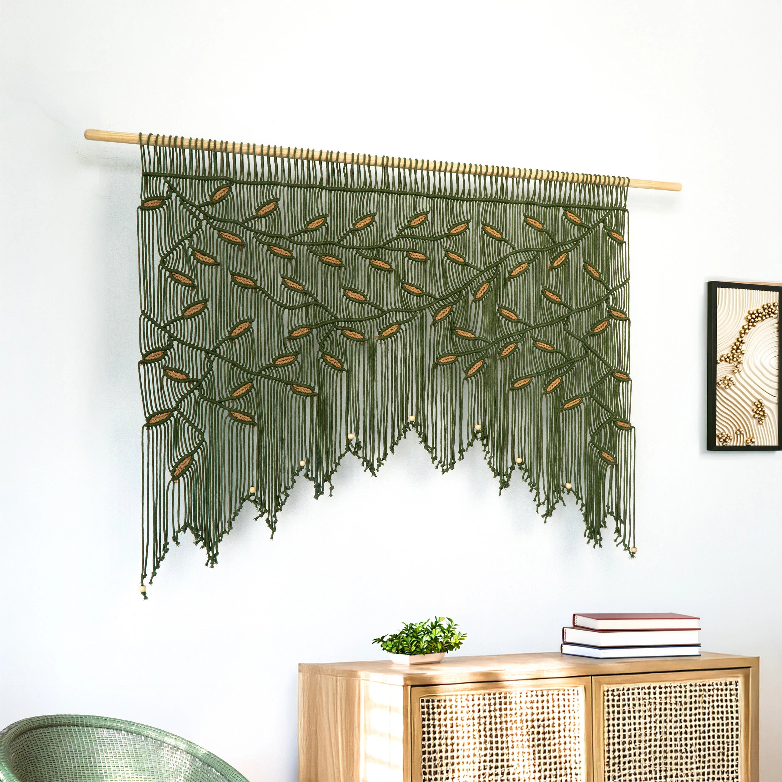 Garden-themed window topper featuring a hand-knotted olive green macrame valance with vine patterns.