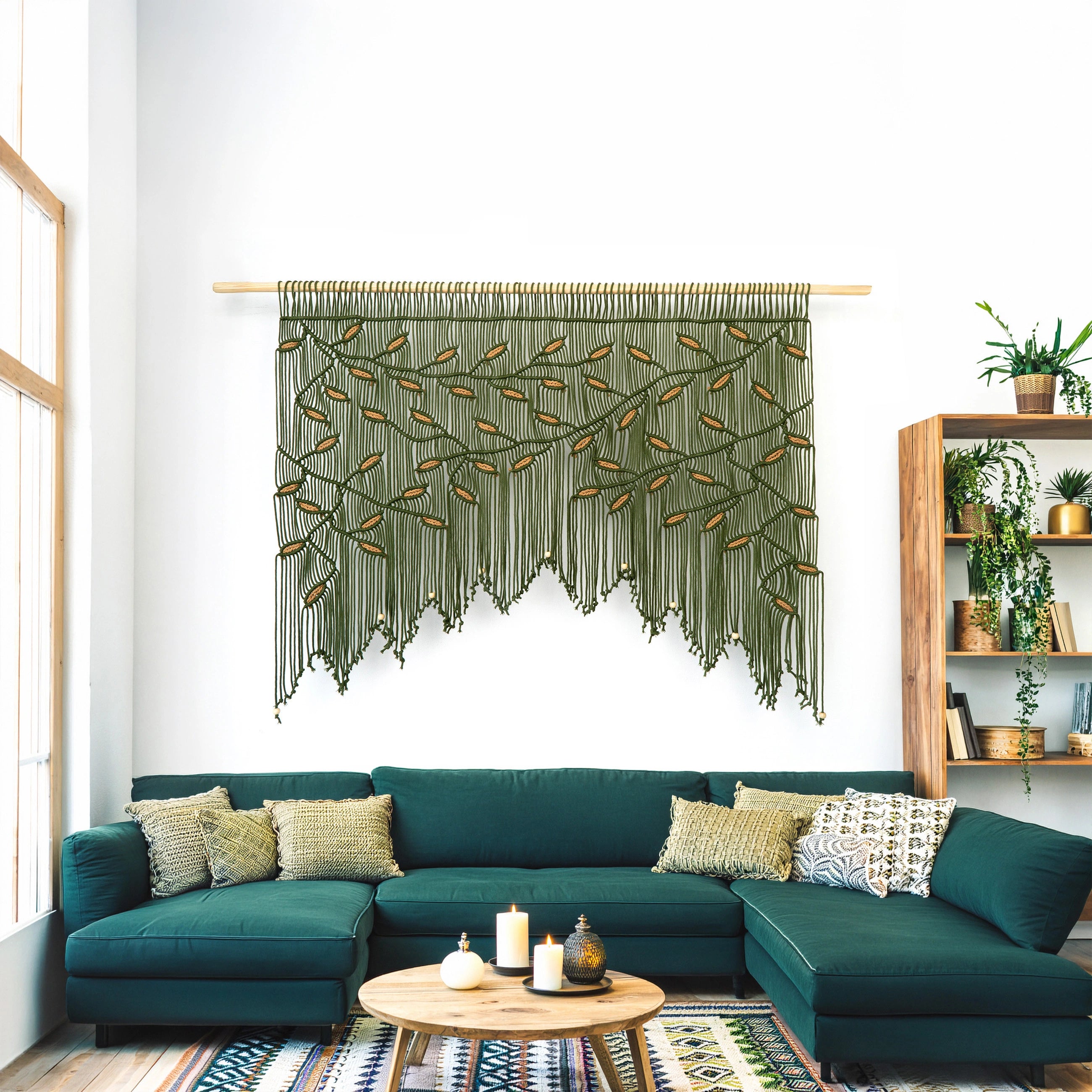 Sustainable cotton macrame valance in forest green and rust designed for biophilic interior styles.
