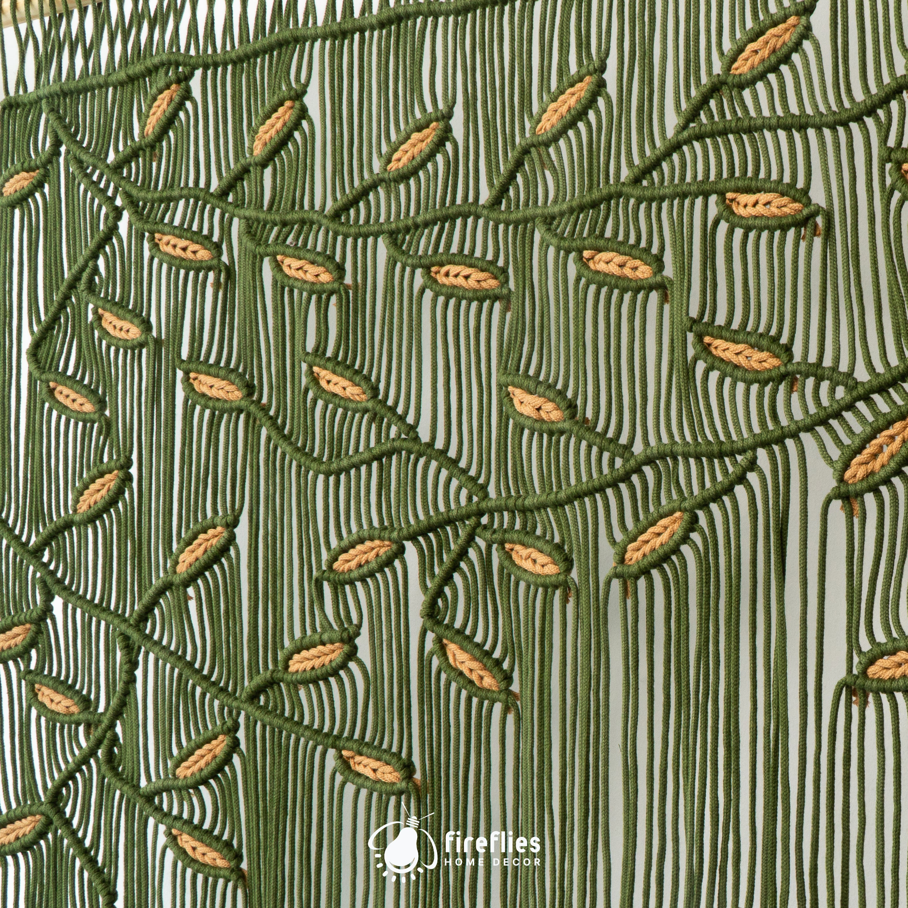 Textured wallpaper with leaf pattern and 'fireflies home decor' branding.