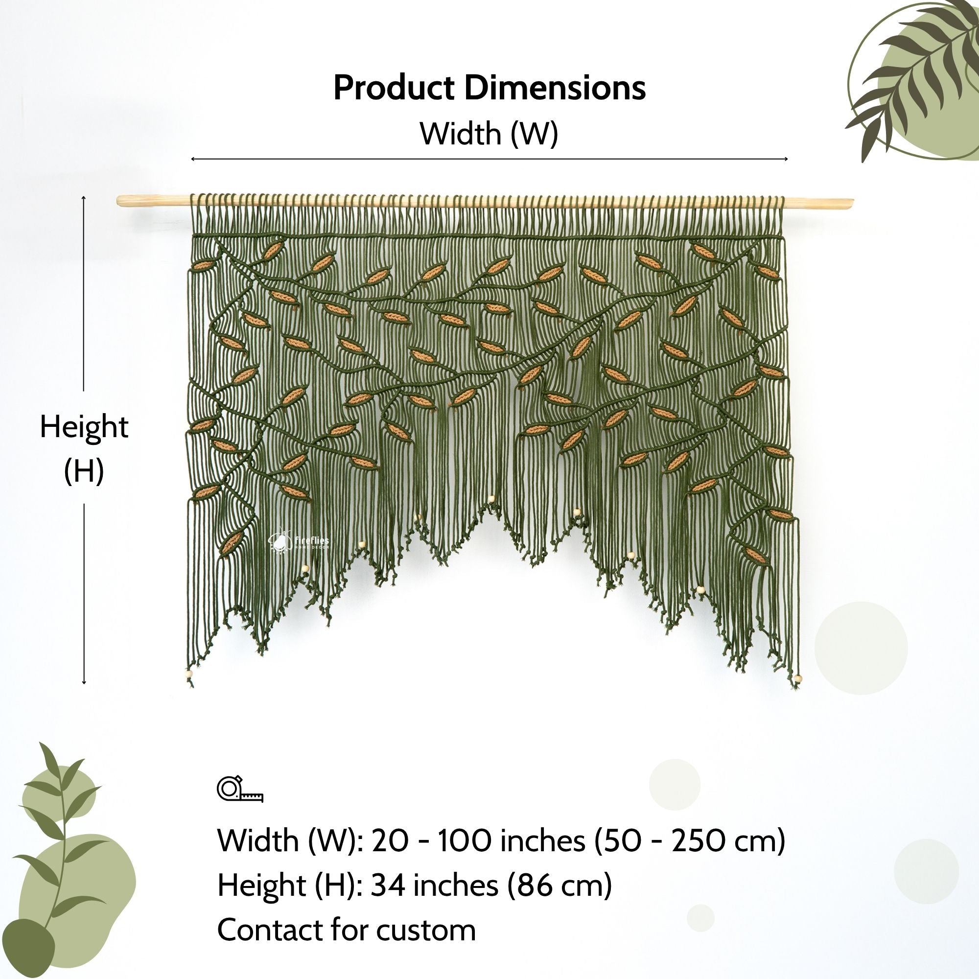 Macrame wall hanging with dimensions displayed on a white background