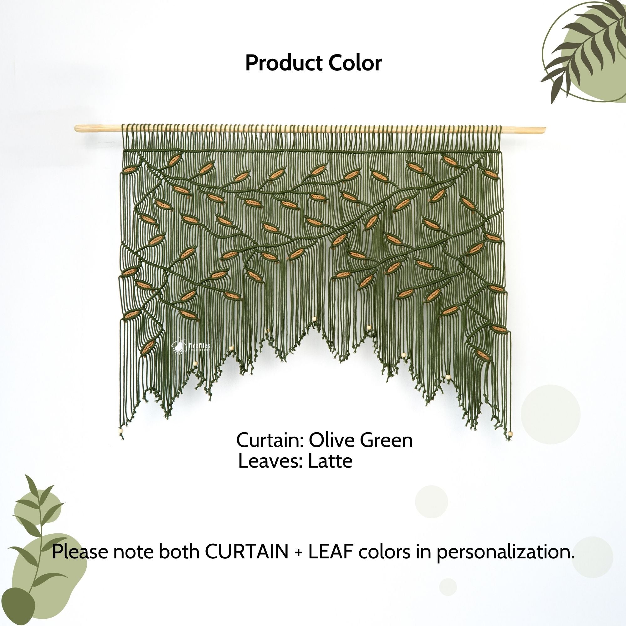 Macrame wall hanging with natural leaves on a white background