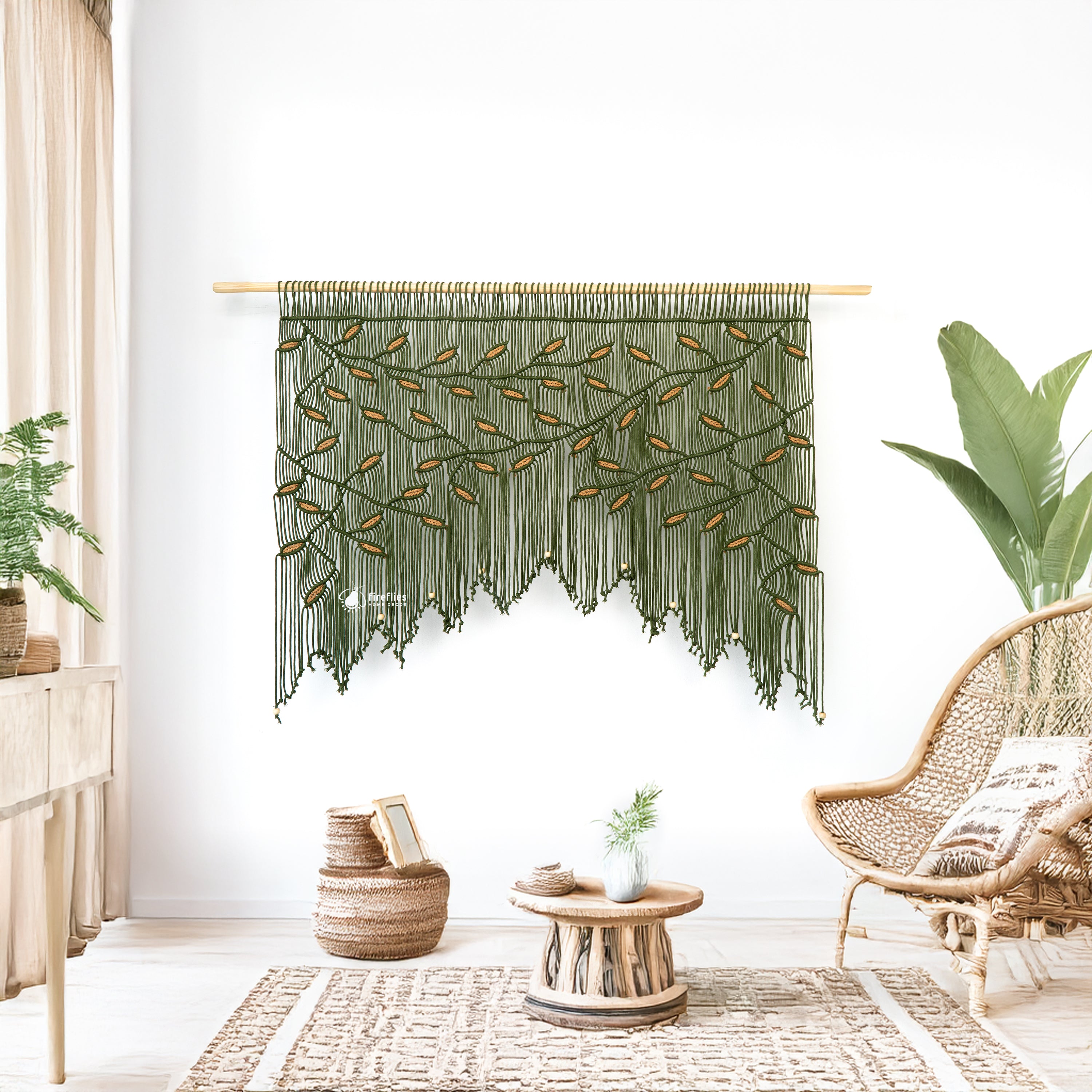 Decorative fabric with leaf pattern and 'Fireflies Home Decor' branding.