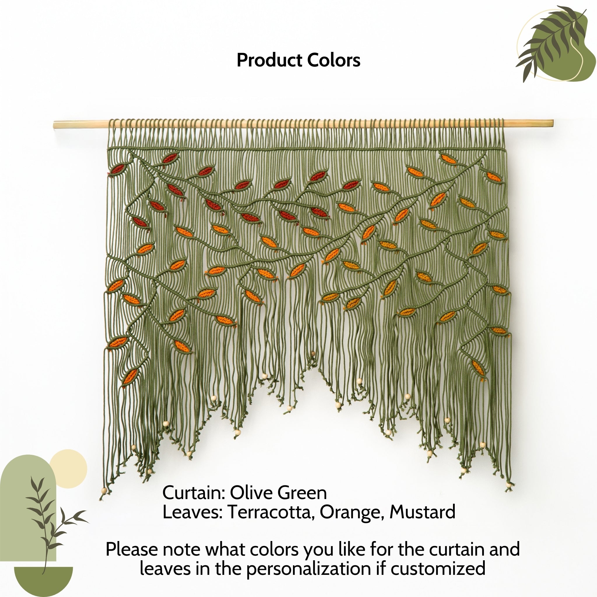 Olive green curtain with terracotta, orange, and mustard leaves on a white background