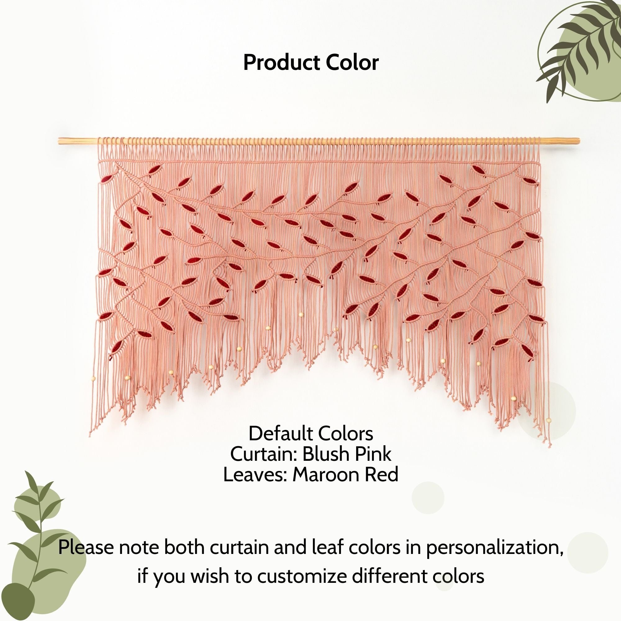 Blush pink curtain with maroon red leaves on a white background