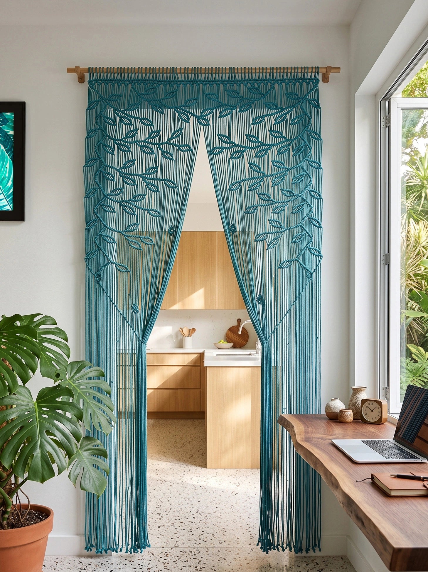 Aqua macrame room divider curtain styled next to a potted monstera plant and a live-edge wooden work desk.