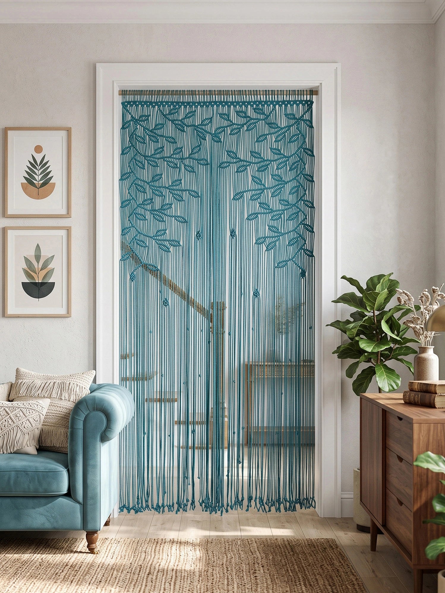 Full-length teal aqua macrame walkthrough curtain pulled back to open the view into a bright minimalist kitchen.