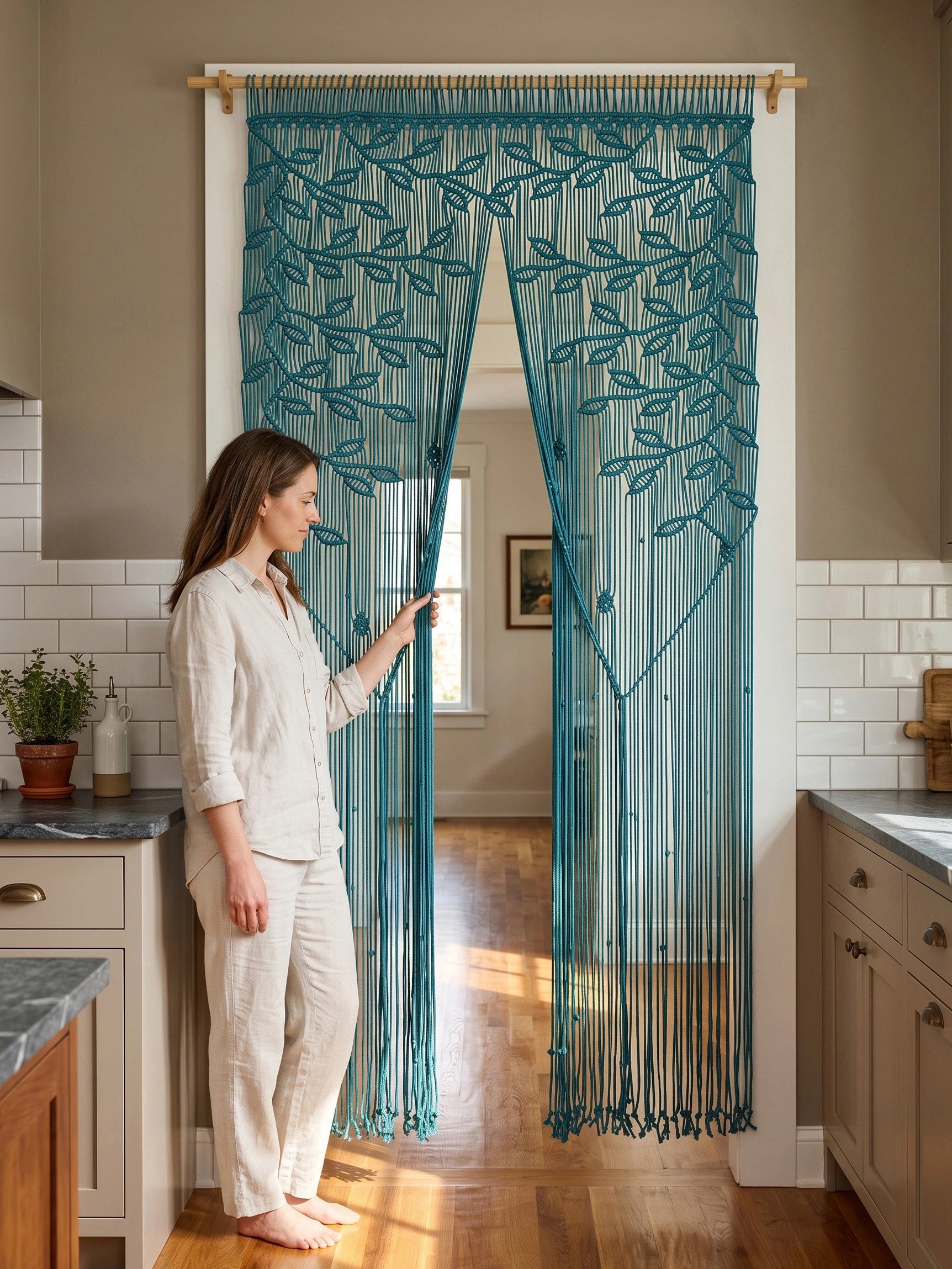 Floor-length turquoise aqua macrame curtain panel mounted on a wooden dowel between a living area and modern kitchen.