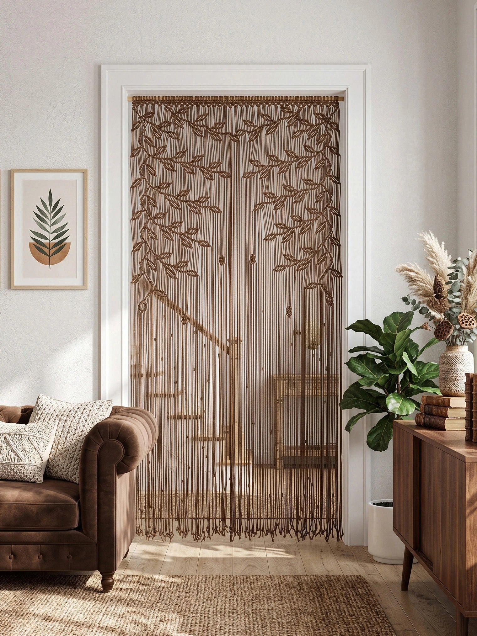 A bohemian-style brown beaded door curtain with an embroidered tree pattern, hanging in a doorway of a living room with a brown leather sofa and wooden furniture.
