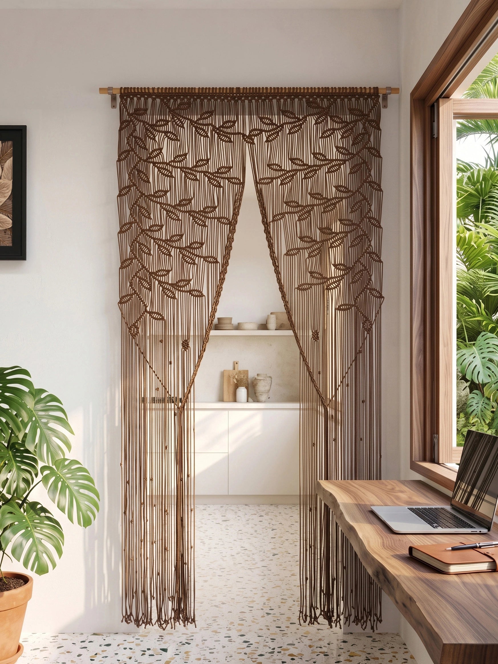 A brown beaded curtain with embroidered leaf patterns hangs in front of a doorway in a bright, modern room with a wooden desk, laptop, and potted plant.