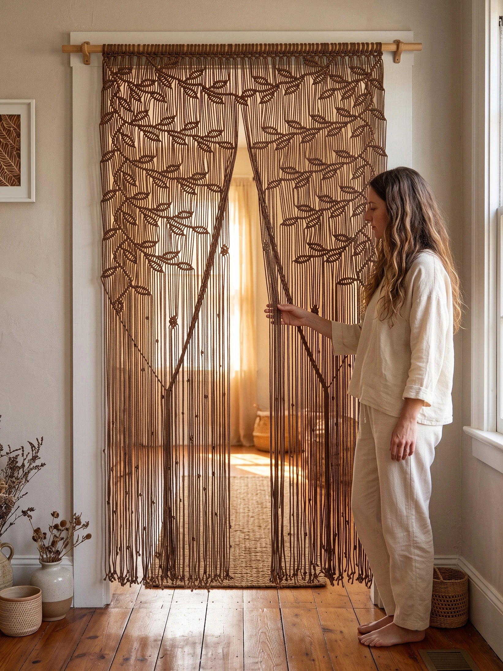 A woman in a cream pajama set stands barefoot in a warmly lit room, holding open a decorative beaded curtain made of brown string and leaf motifs hanging from a wooden rod.