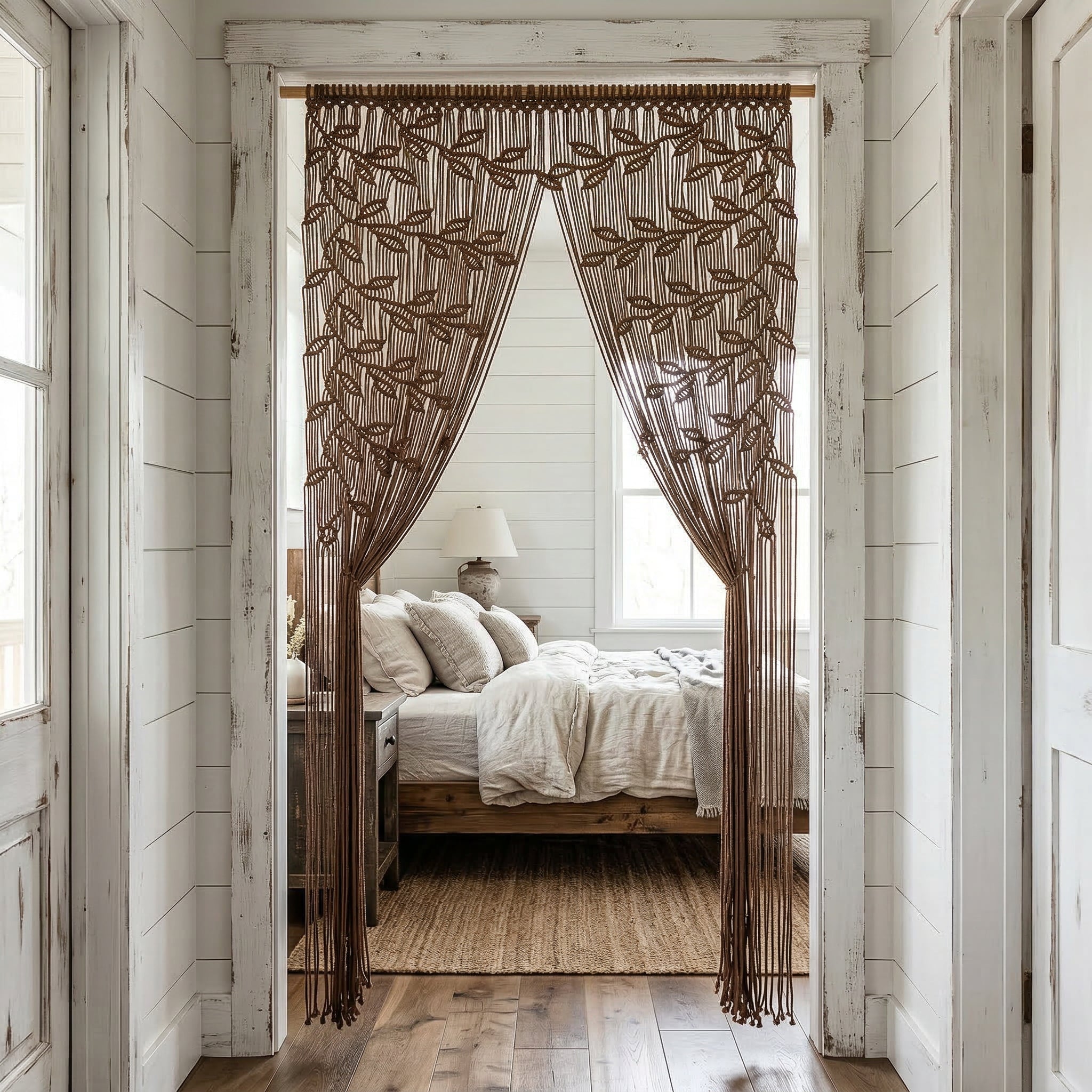 Bedroom with wooden floor and white walls, featuring a bed with pillows and a lamp.