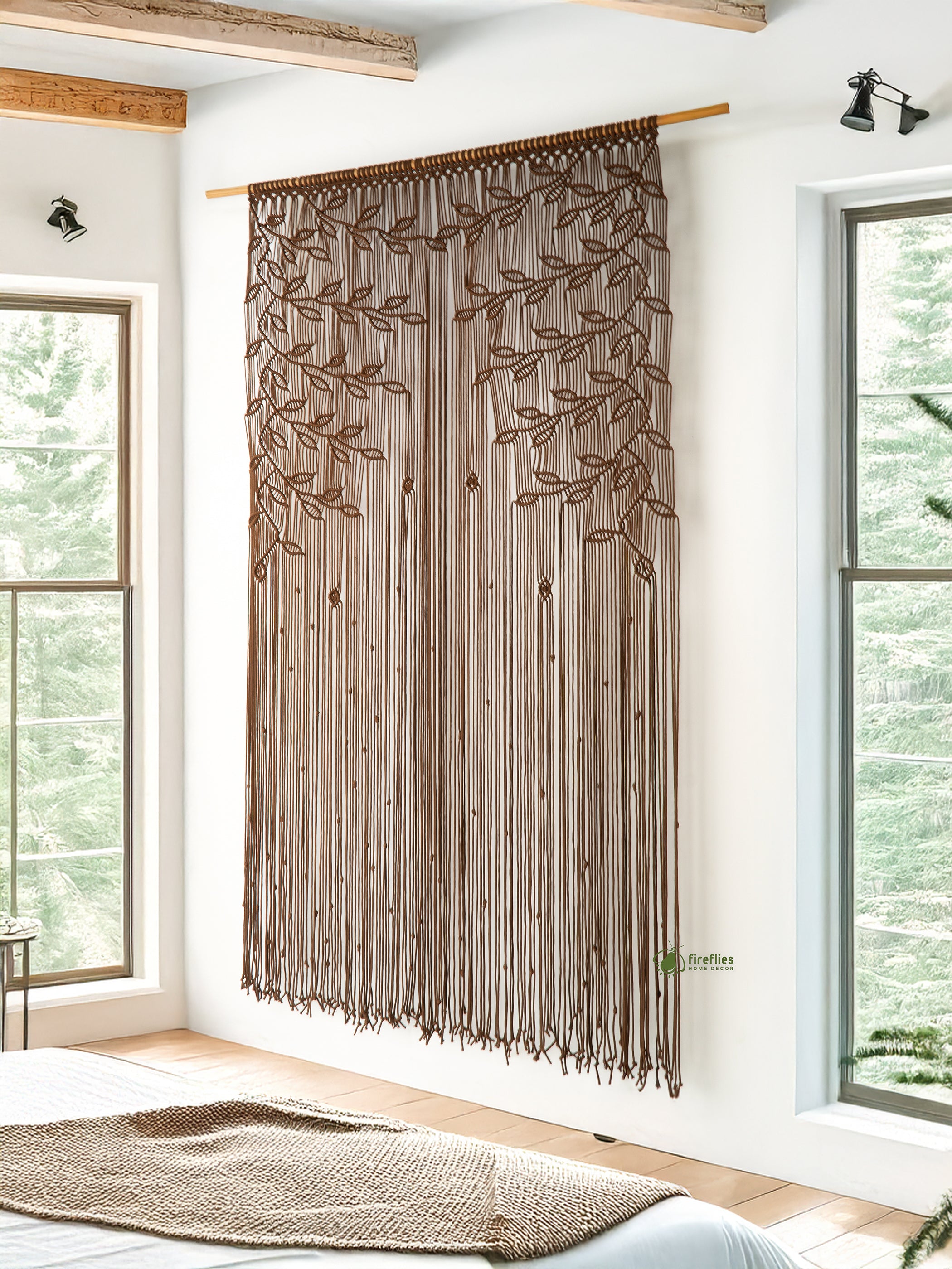 Textured curtain with leaf pattern in a room with large windows