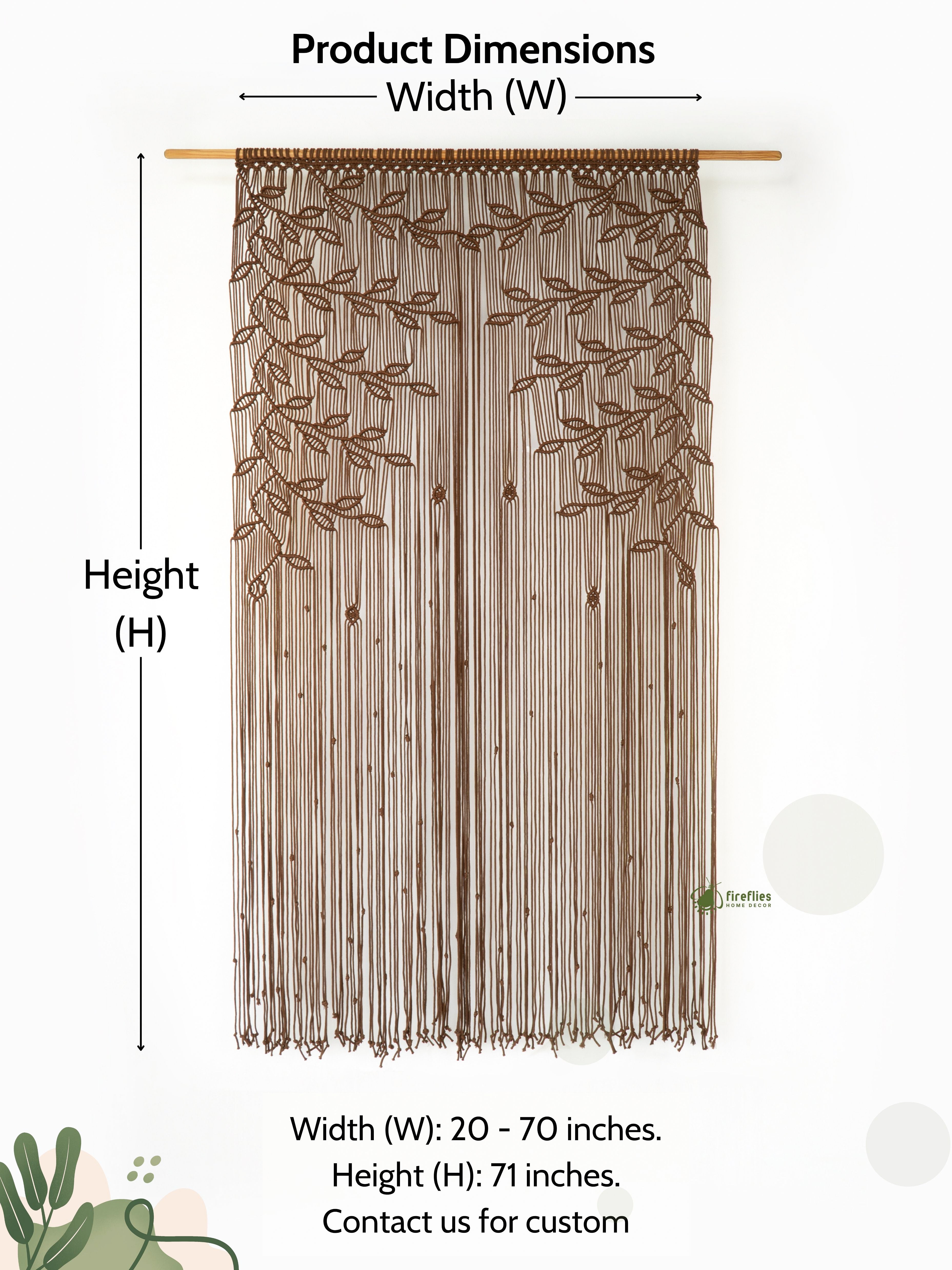 String curtain with leaf patterns and dimensions on a white background