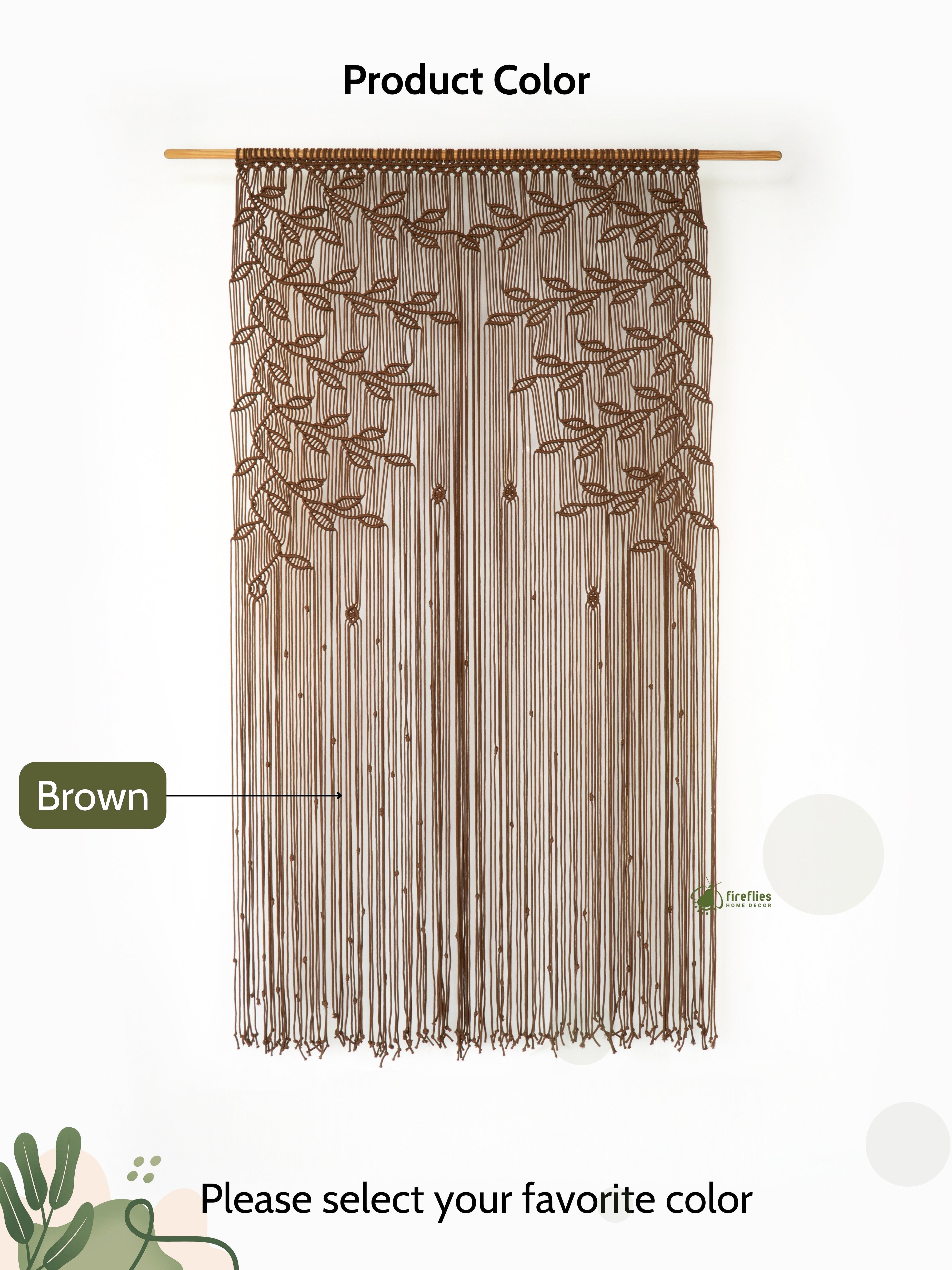 Brown beaded curtain with leaf patterns on a white background