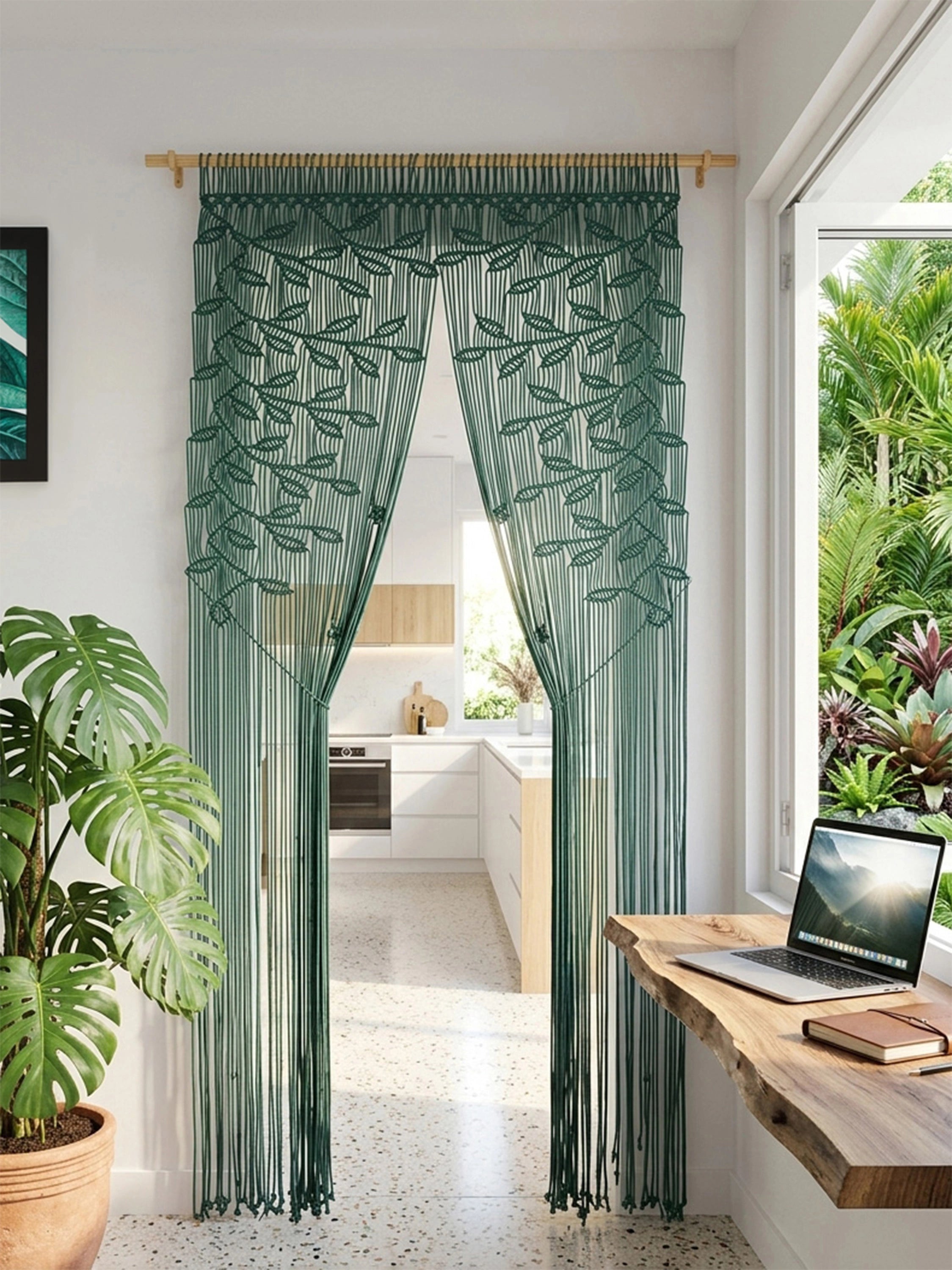 Green sheer curtain panels with a leaf pattern hanging from a wooden rod in a bright room, with a kitchen visible through the opening and a desk area with a laptop to the right.