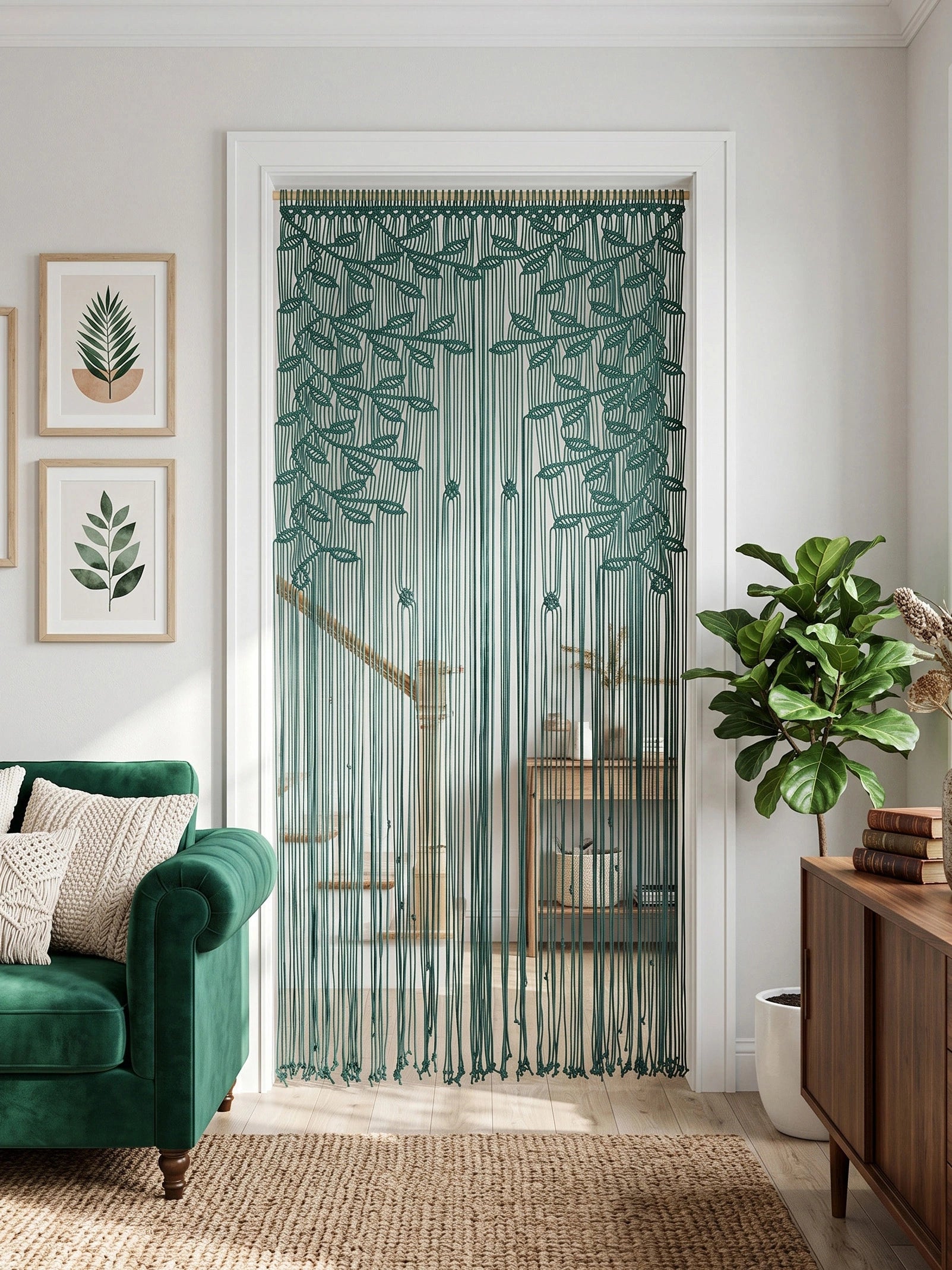 A teal embroidered string curtain hanging in a doorway, styled in a bright living room with a green armchair, framed leaf prints, a potted plant, and a wooden cabinet.