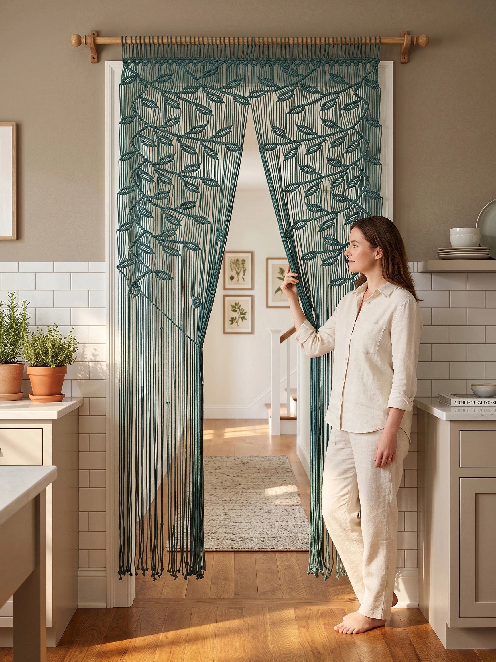 A woman in a cream pajama set stands barefoot in a kitchen doorway holding open a teal beaded curtain with embroidered leaf patterns. The kitchen has light wood cabinets, a white subway tile backsplash, and warm wood floors.