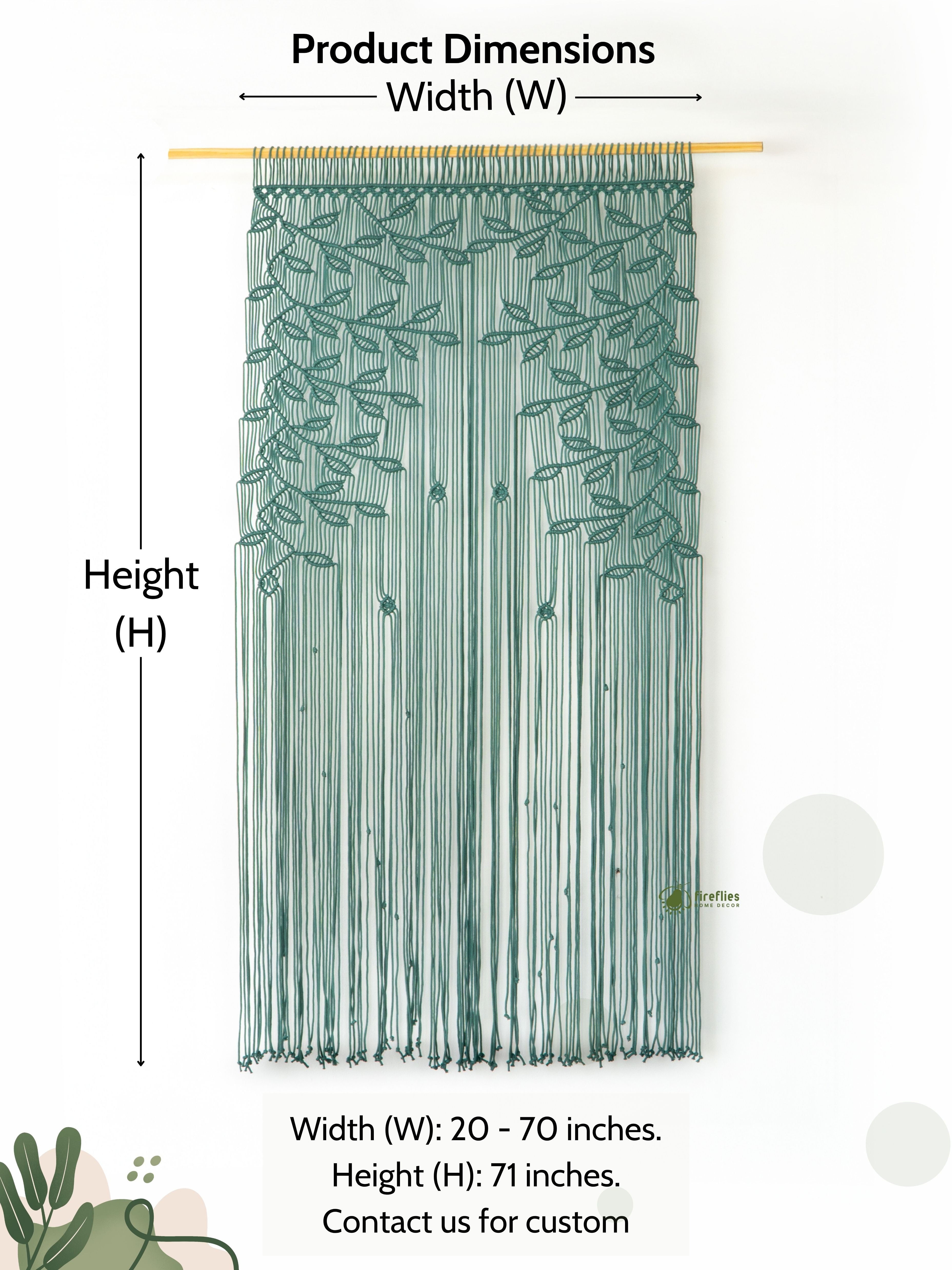 Green string curtain with dimensions labeled on a white background