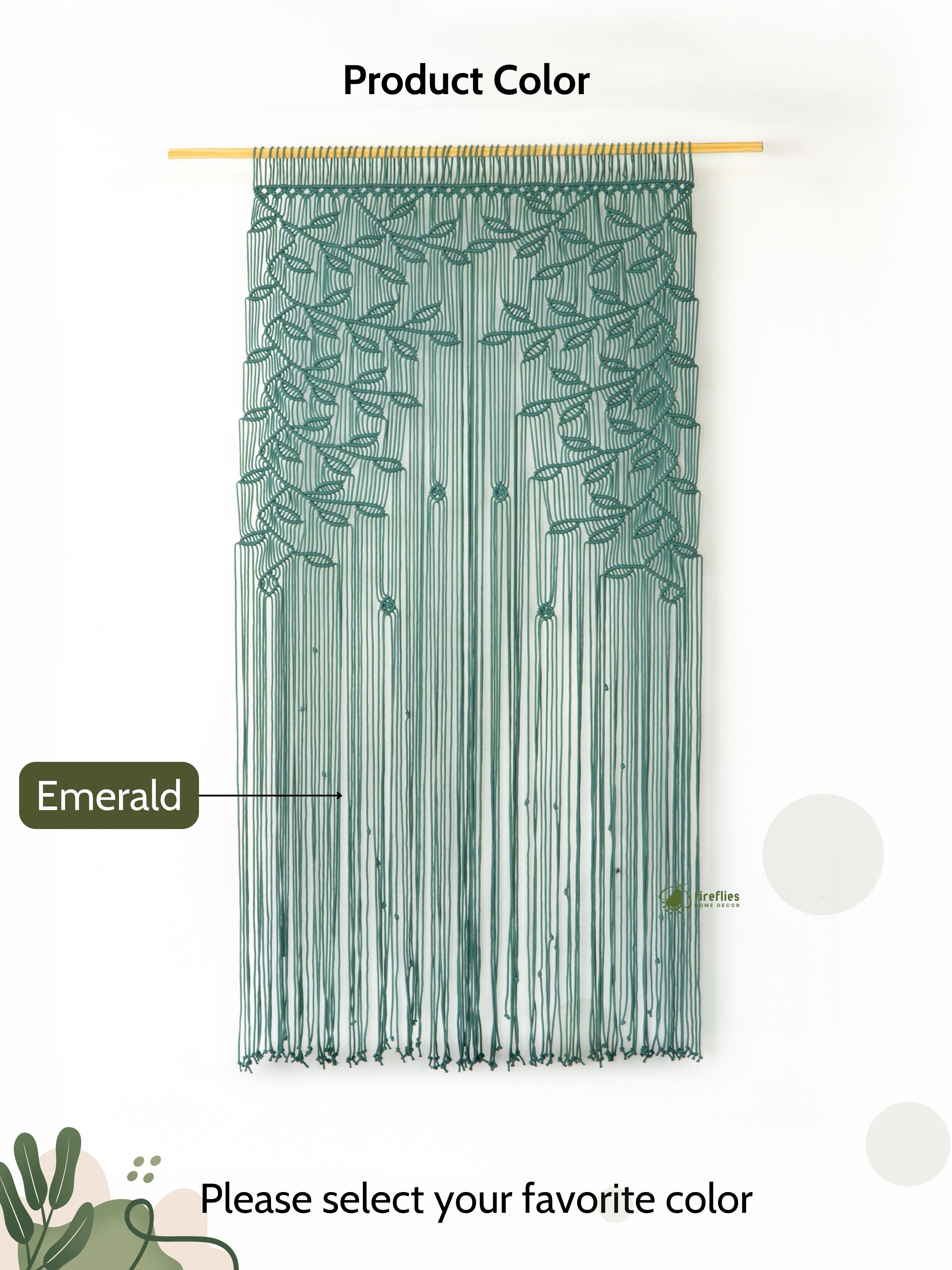 Green string curtain with leaf pattern on a white background