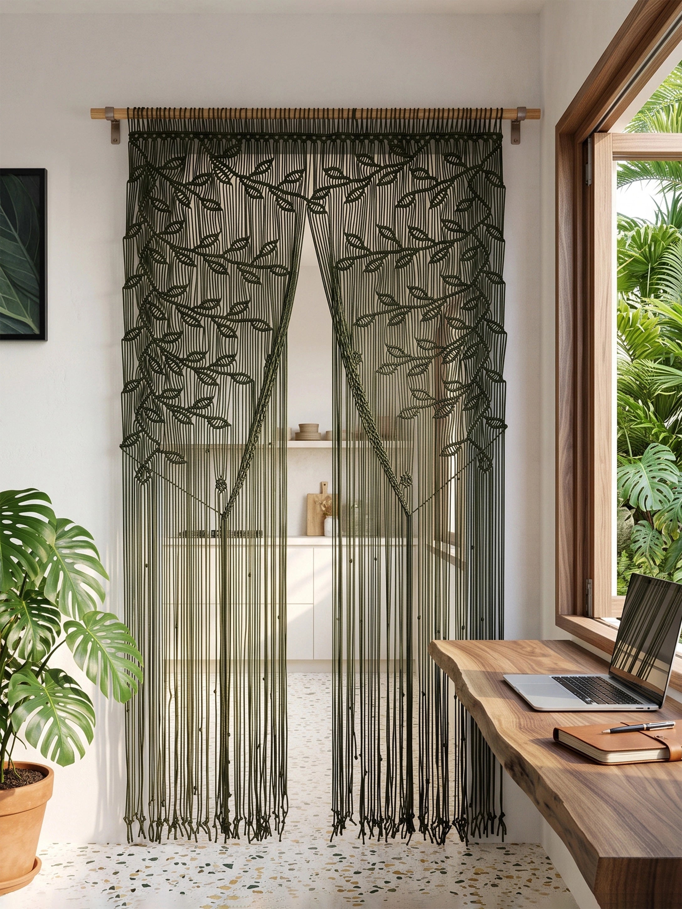 A decorative sheer curtain panel with embroidered leafy branches hangs in front of a window in a bright room. The curtain is dark olive green with long fringe strands, suspended from a wooden rod.