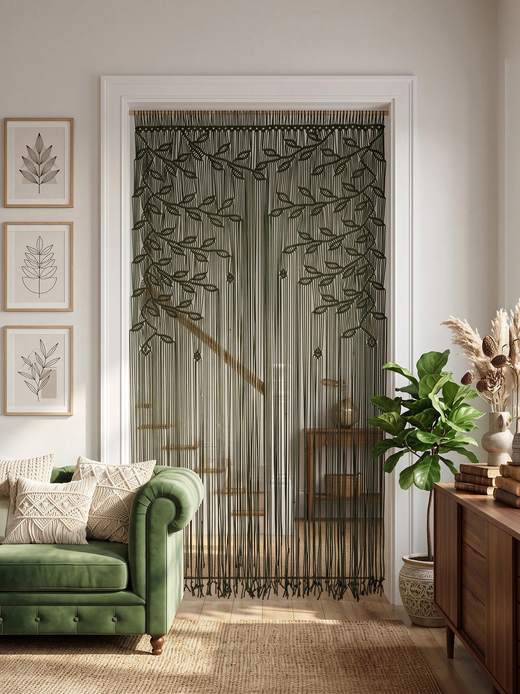 A doorway in a styled living room covered by a sheer vertical string curtain with embroidered tree branches and leaves in olive green. The room includes a green sofa, framed botanical prints on the wall, a wooden sideboard, and a potted plant.