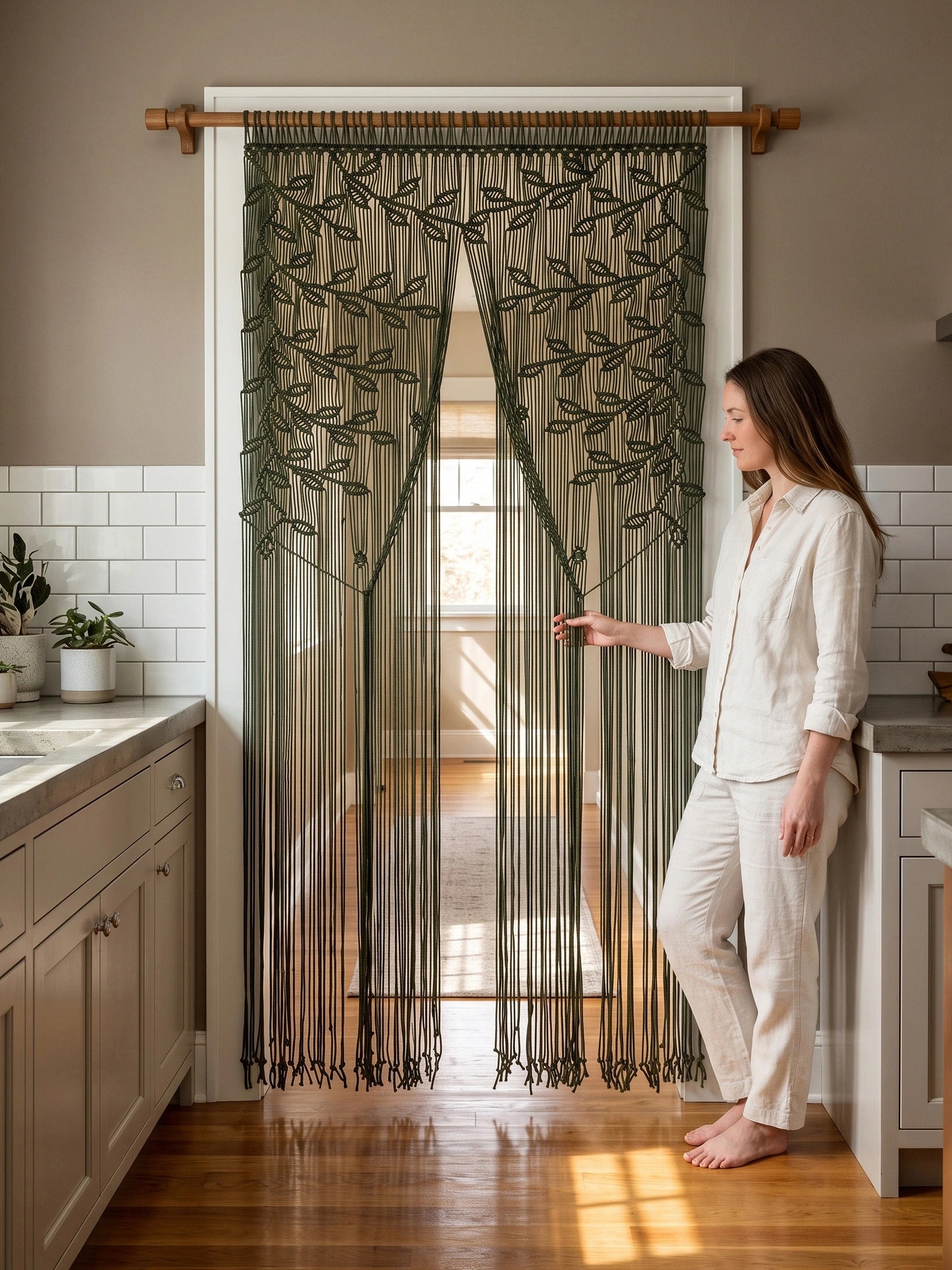 A woman in white pajamas stands barefoot in a kitchen doorway next to a hanging beaded curtain with a leafy vine pattern. The curtain hangs from a wooden rod in a white-framed door, with hardwood floors and light cabinets visible.