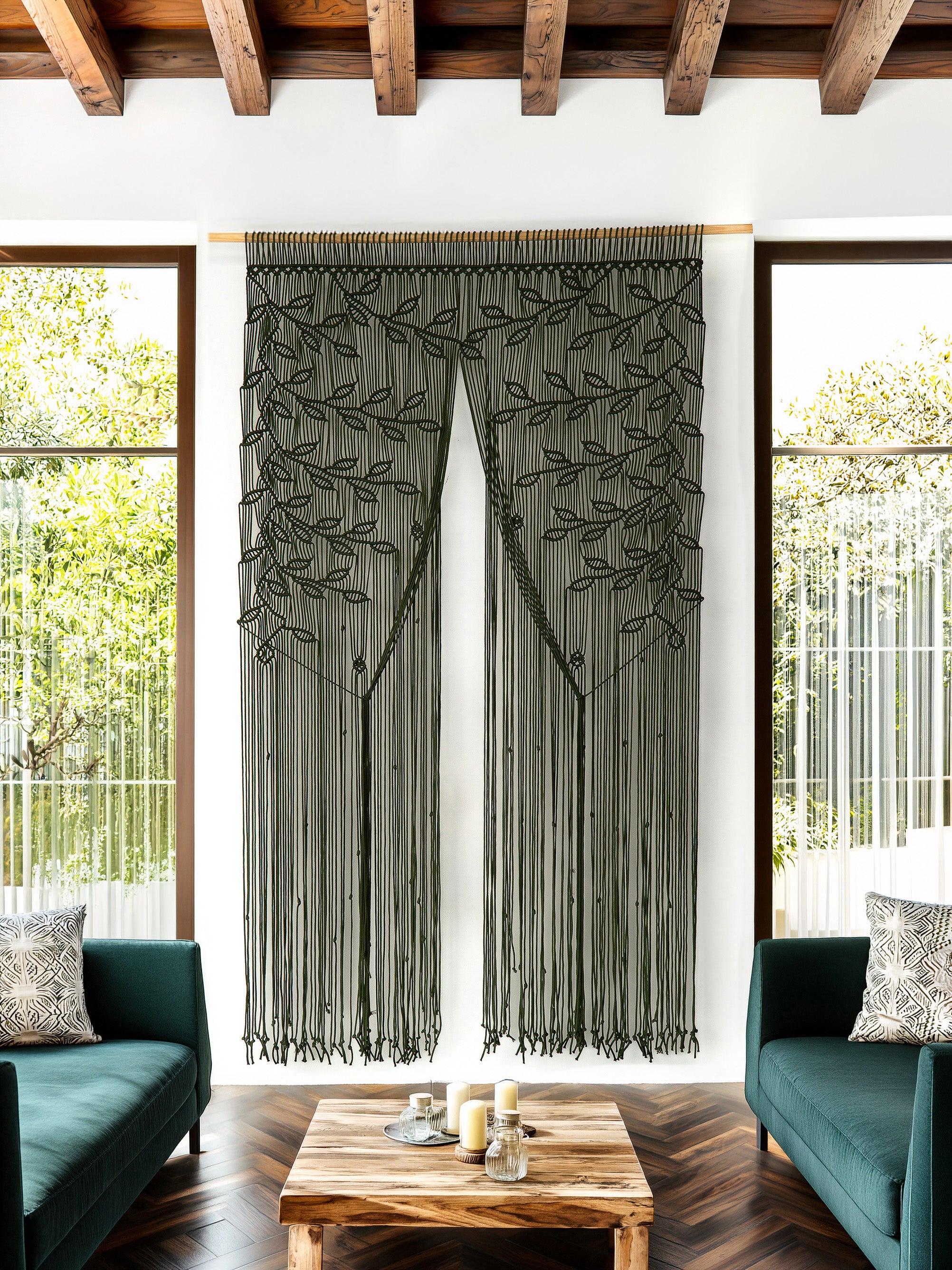Decorative wall hanging with leaf pattern in a living room setting