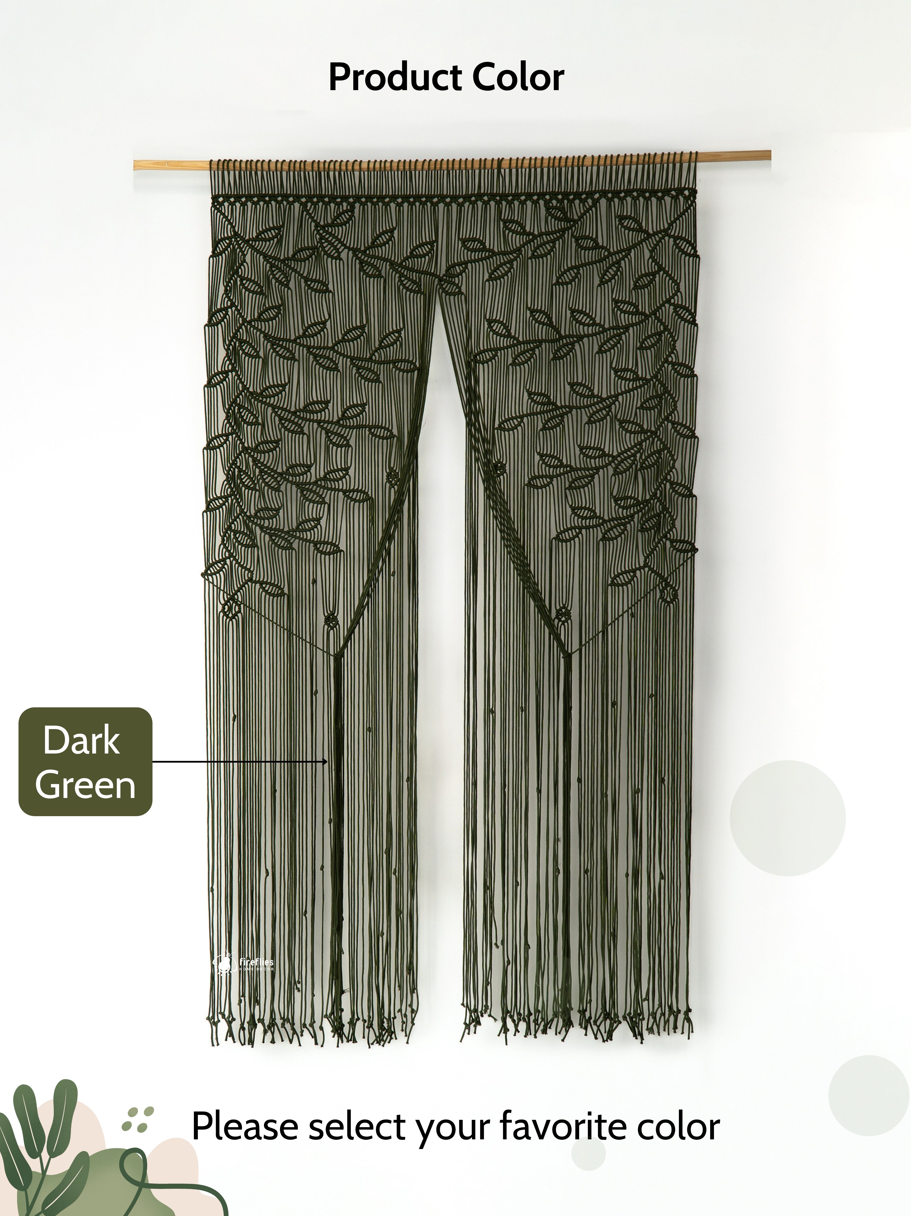 Dark green curtain with leaf patterns on a white background