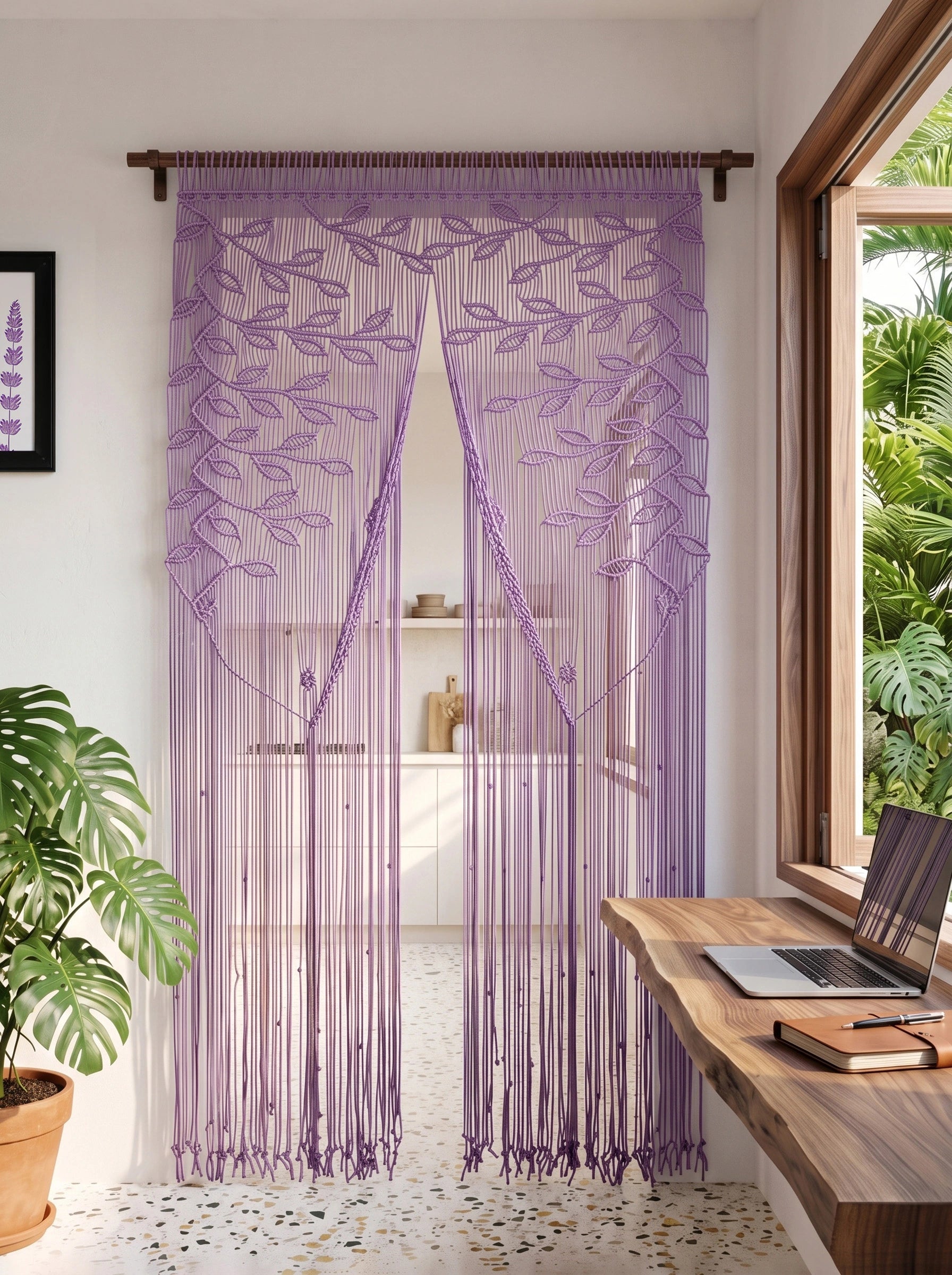 A lavender purple beaded curtain with embroidered leaf patterns hangs from a dark wooden rod in a bright room, with a desk, laptop, and potted plant visible nearby.