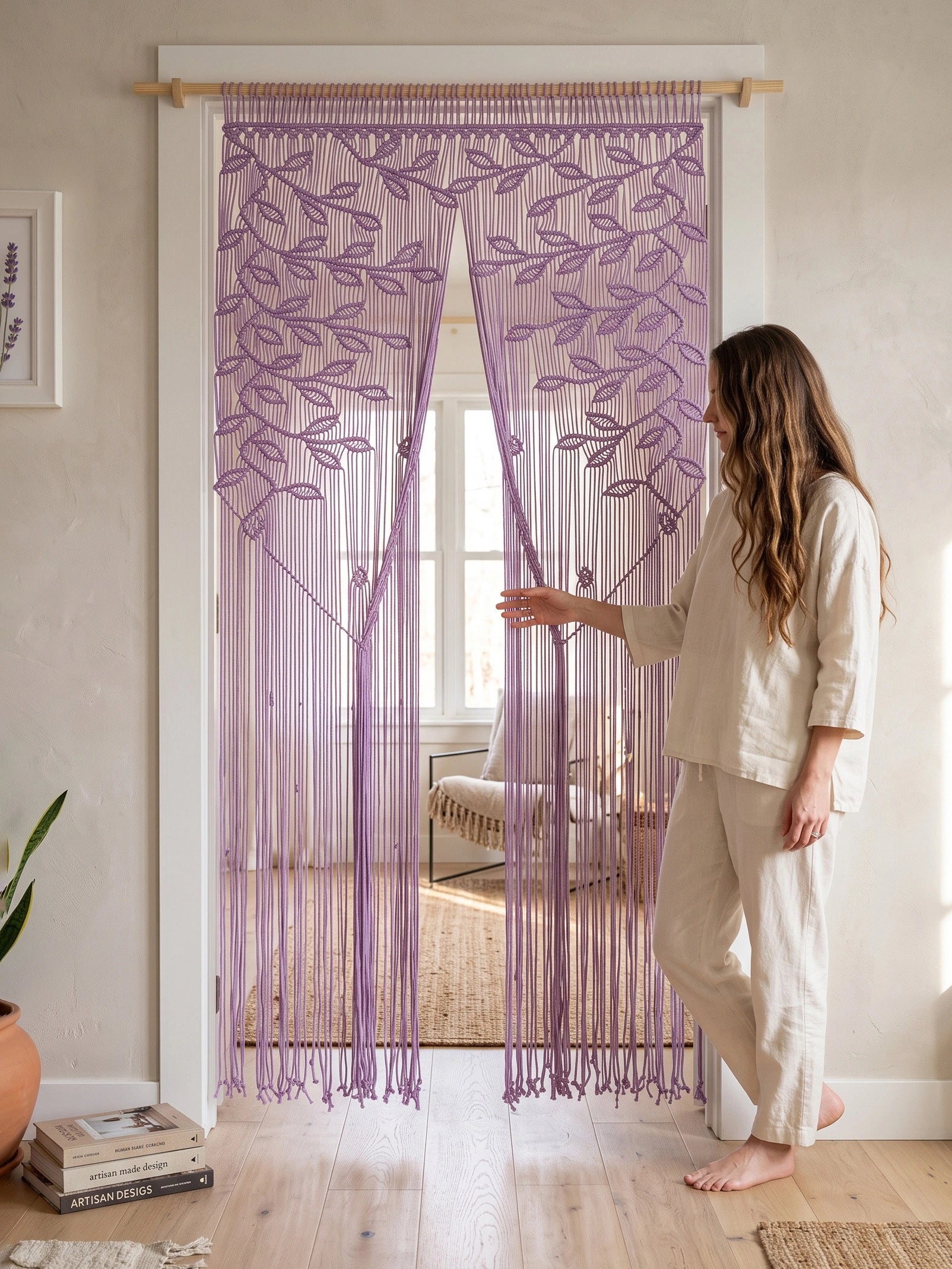 A woman in cream pajamas stands barefoot in a doorway holding open a lavender embroidered beaded curtain with leaf patterns hanging from wooden dowels.