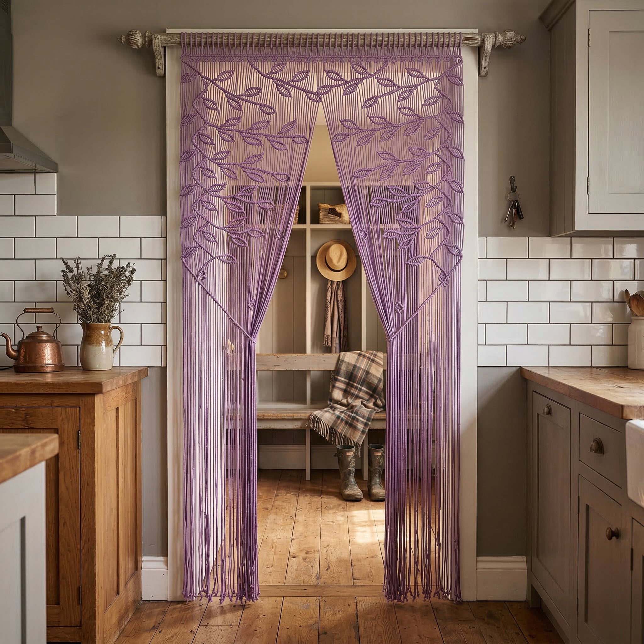Purple string curtain in a kitchen setting with wooden cabinets and white tiled walls.