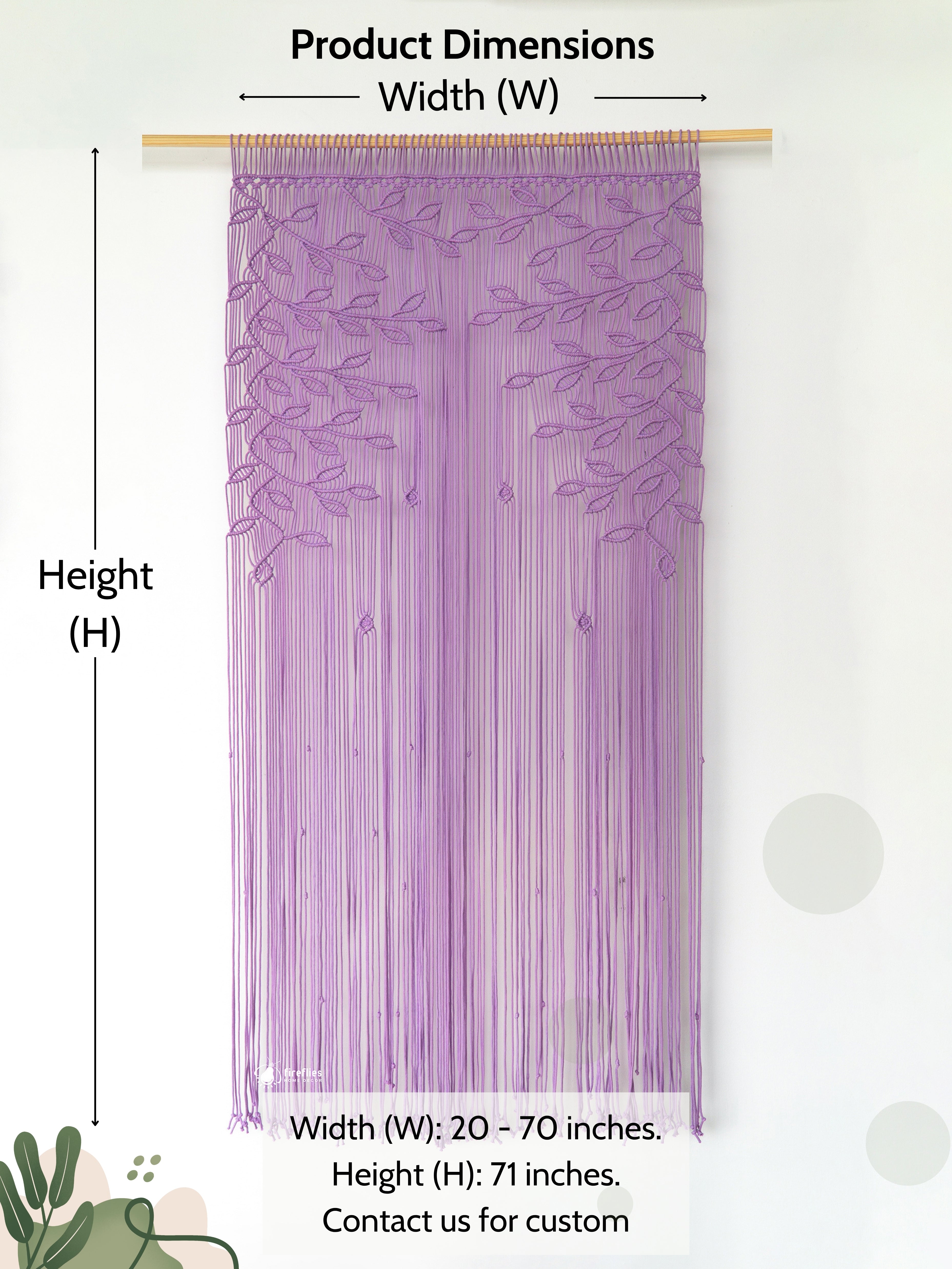 Purple string curtain with dimensions labeled on a white background