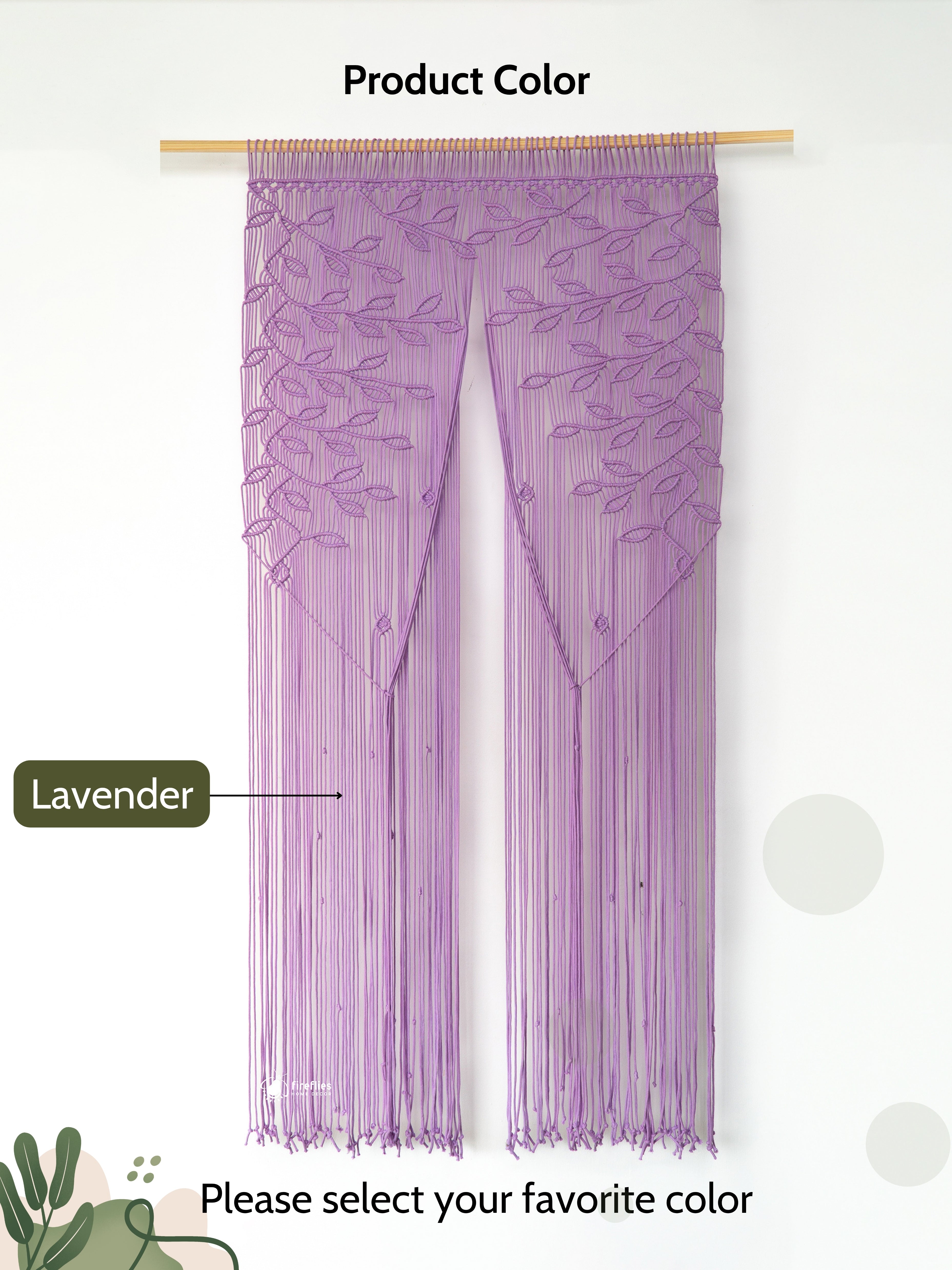 Lavender string curtain with a wooden rod on a white background
